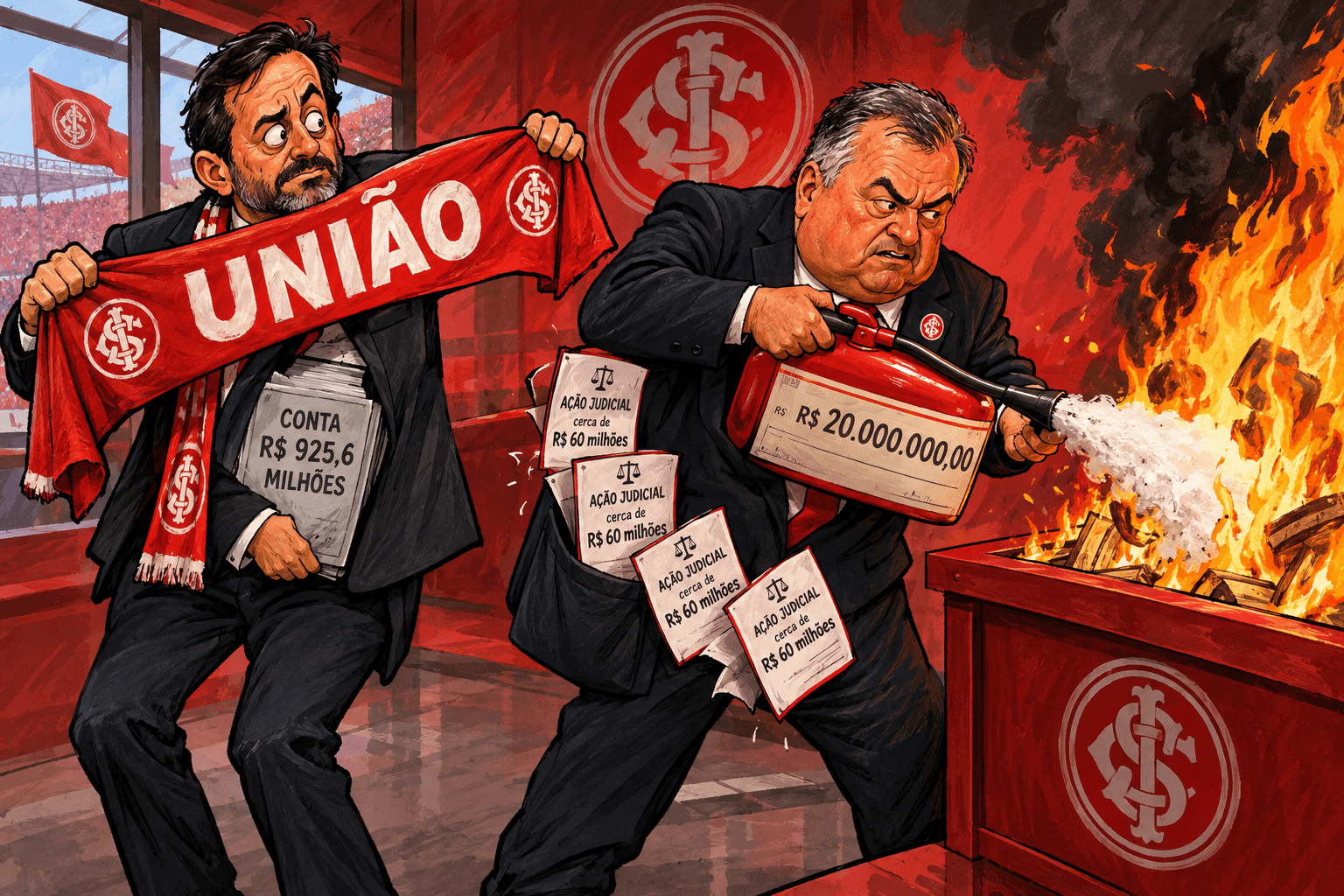 Delcir Sonda usa um cheque de R$ 20 milhões como extintor, ao lado de Alessandro Barcellos e de contas atribuídas ao Internacional.