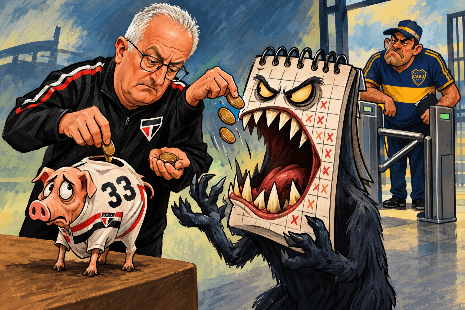 Dorival retira moedas de um cofrinho do São Paulo para alimentar um calendário, enquanto um personagem do Boca espera ao fundo.