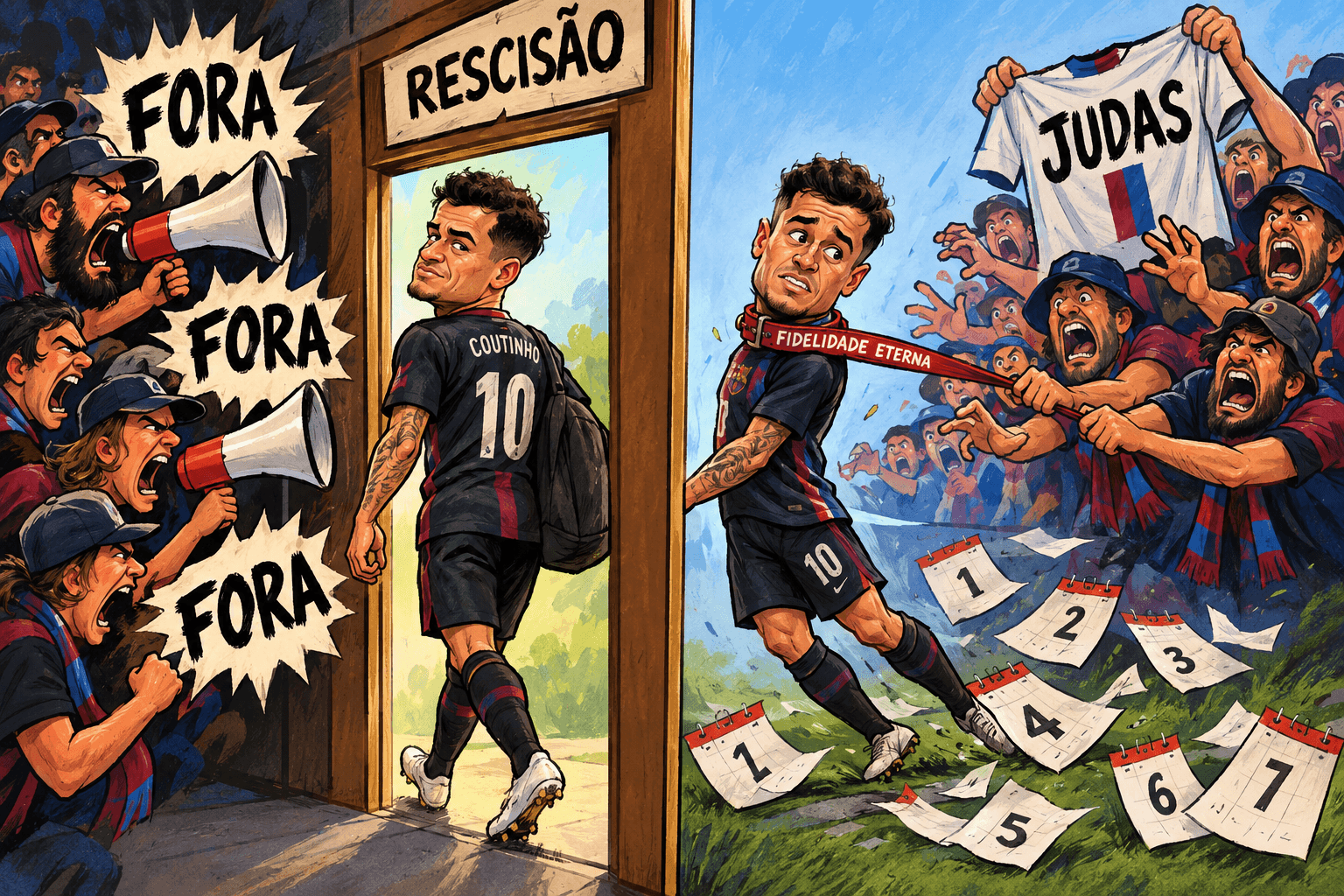 Coutinho sai por uma porta enquanto torcedores com megafones puxam uma coleira e exibem uma camisa com a palavra Judas.