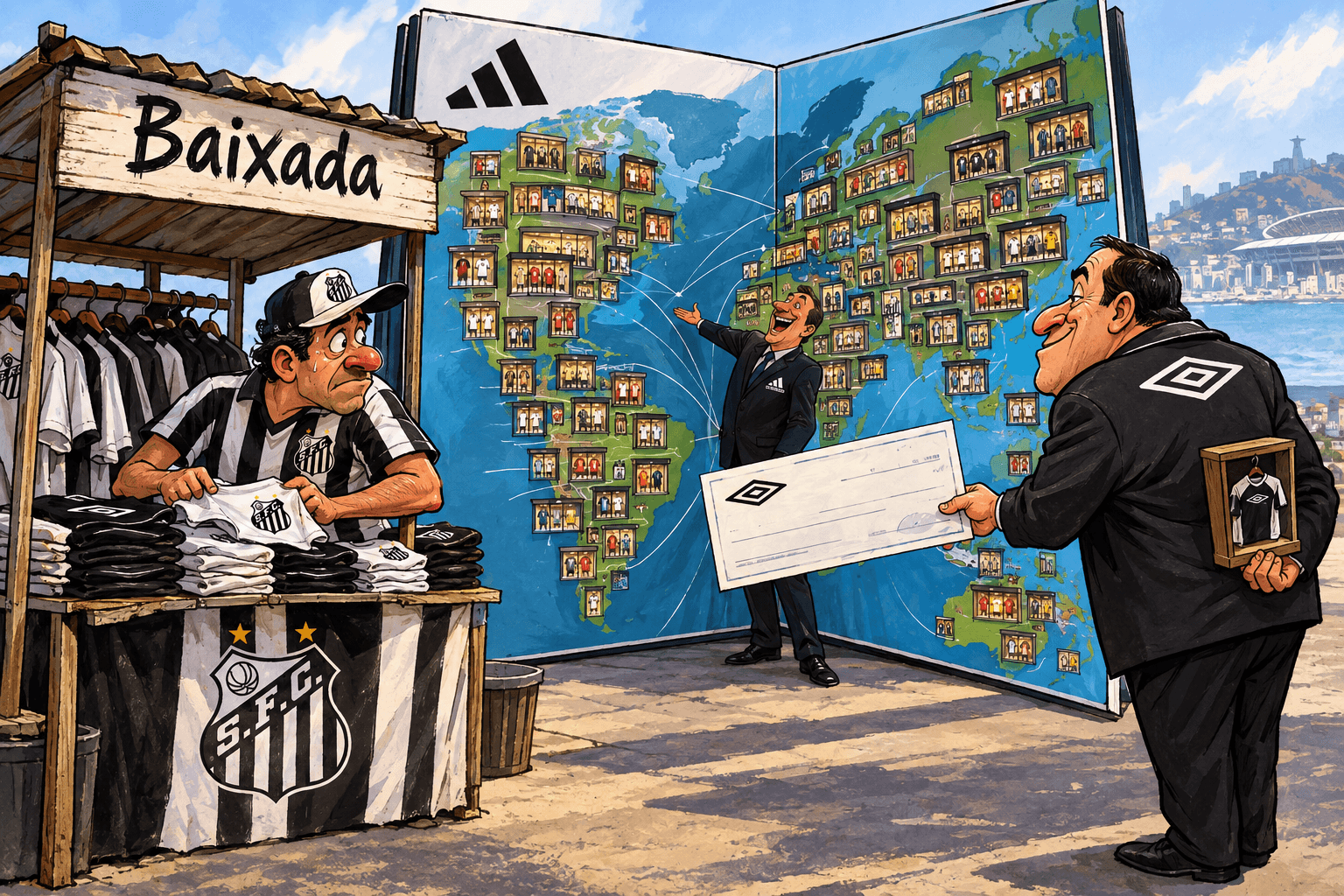 Vendedor do Santos diante de uma barraca, enquanto Adidas mostra lojas pelo mundo e Umbro oferece um cheque com uma pequena prateleira.