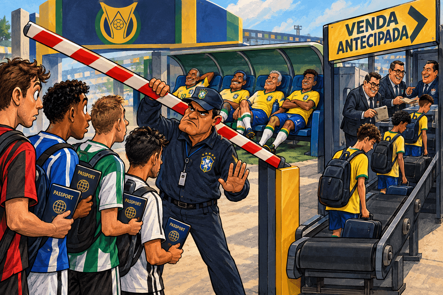 Fiscal da CBF barra jogadores com passaportes estrangeiros enquanto veteranos ficam no banco e jovens são enviados por uma esteira de vendas.