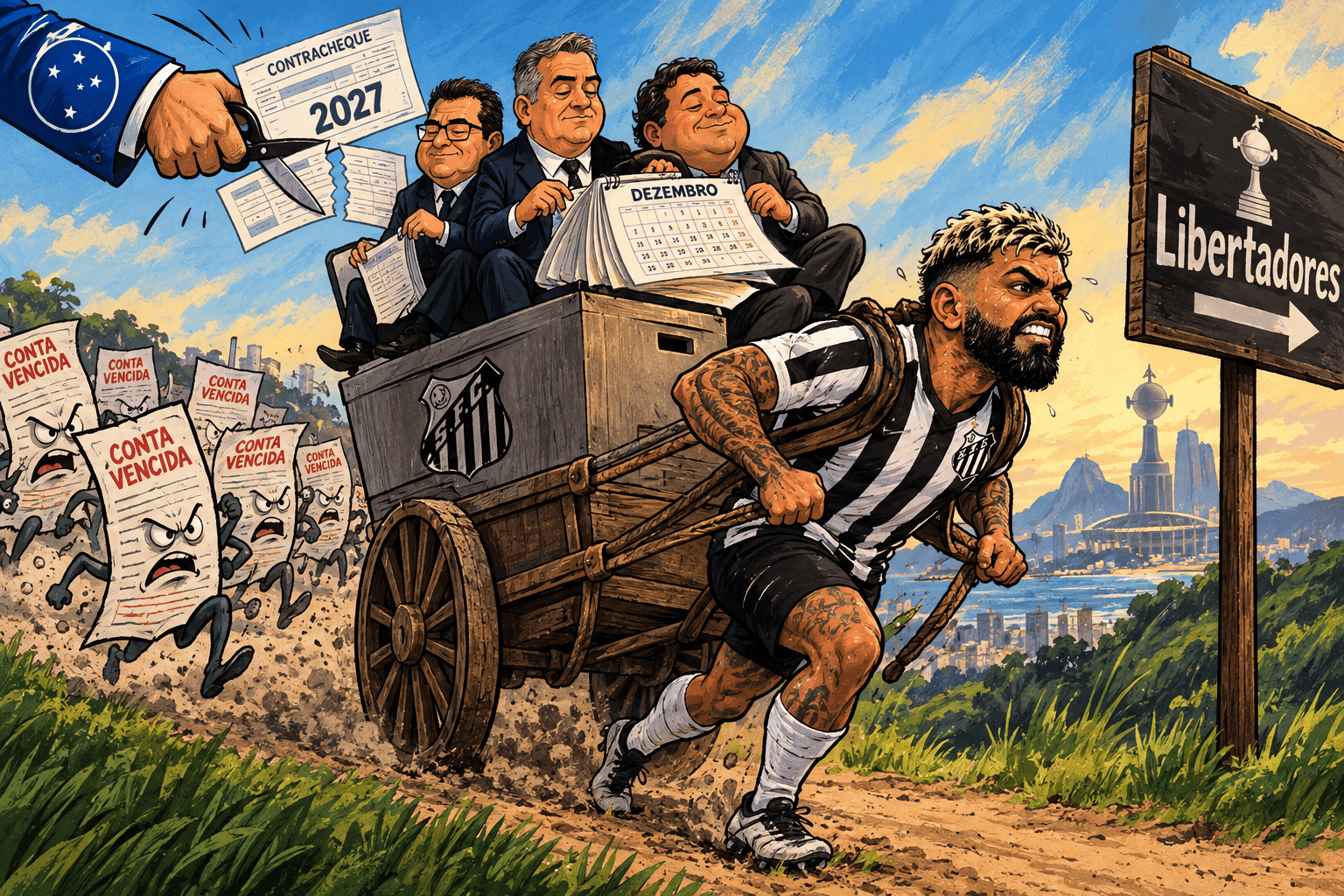Gabigol puxa uma carroça do Santos enquanto dirigentes aguardam dezembro, contas correm atrás do clube e o Cruzeiro corta um contracheque.