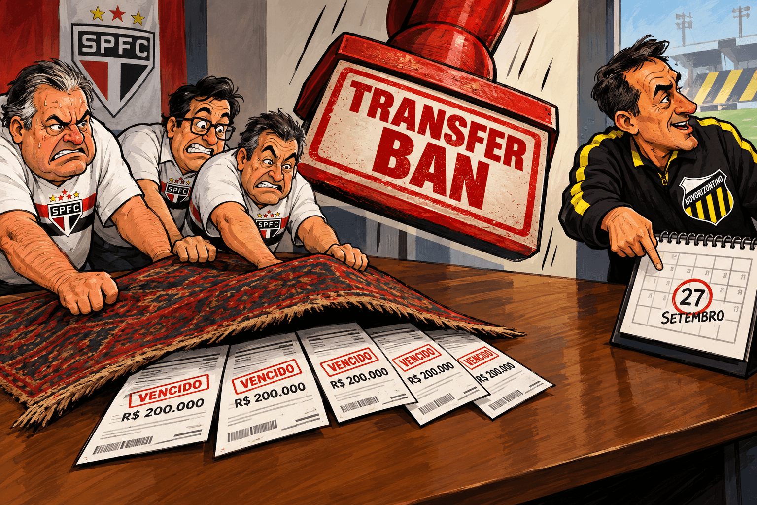 Dirigentes do São Paulo escondem cinco boletos sob um tapete enquanto um carimbo de transfer ban desce sobre a mesa.