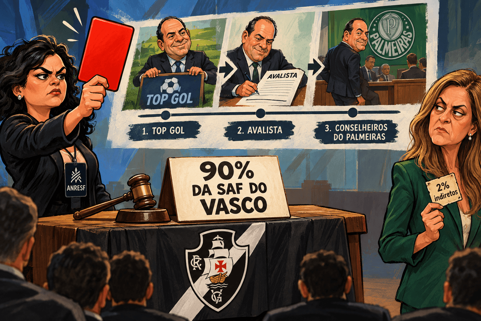 Agente da ANRESF bloqueia leilão da SAF diante de linha do tempo com José Lamacchia, Top Gol, Almirante e Palmeiras.