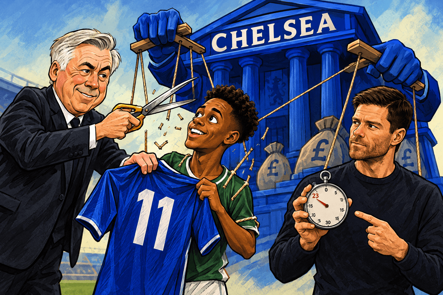 Ancelotti corta cordas presas a Estêvão e entrega a camisa 11, enquanto Xabi Alonso segura um cronômetro de 23 minutos.