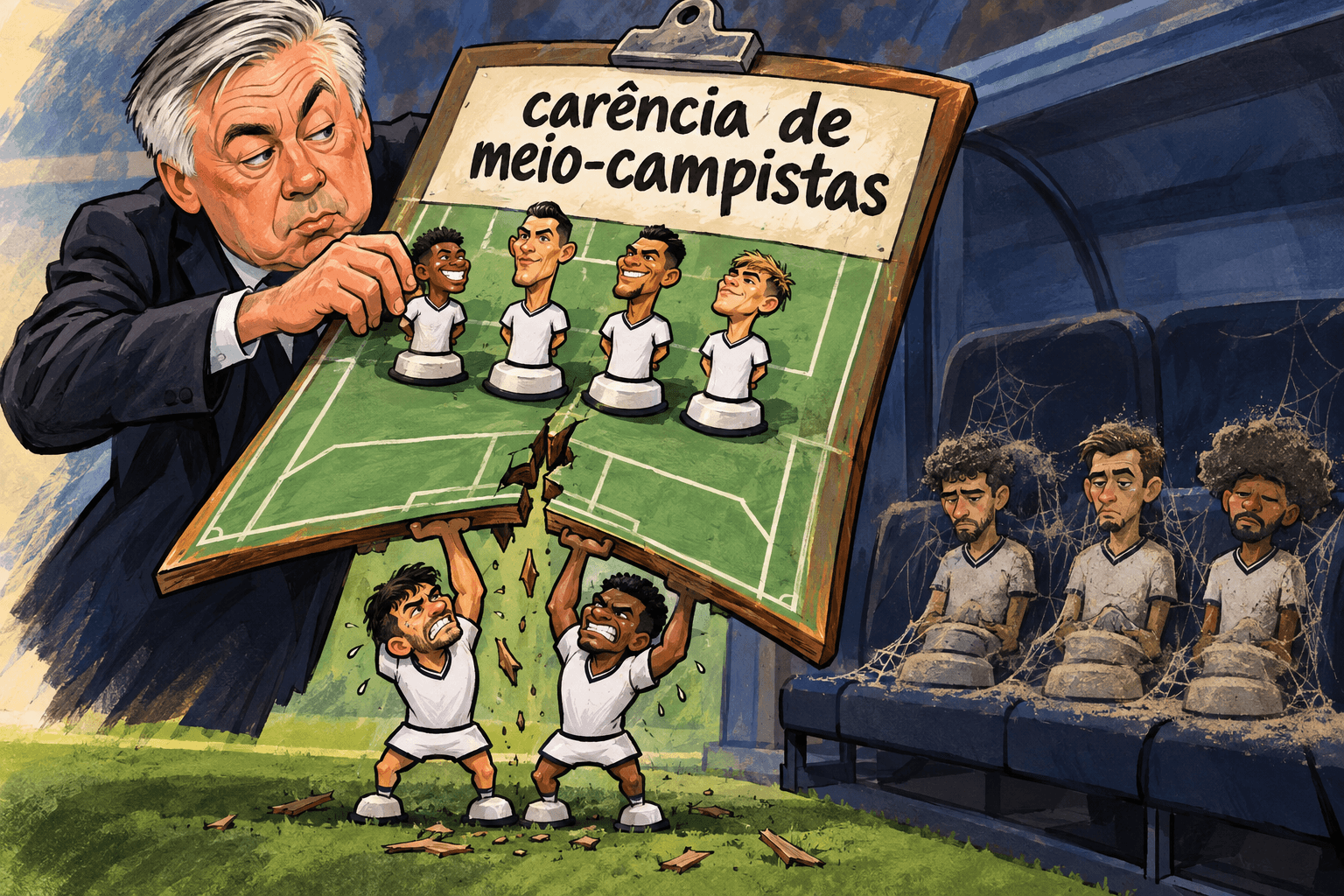 Ancelotti monta quatro atacantes em uma prancheta quebrada enquanto três peças de meio-campo ficam no banco.