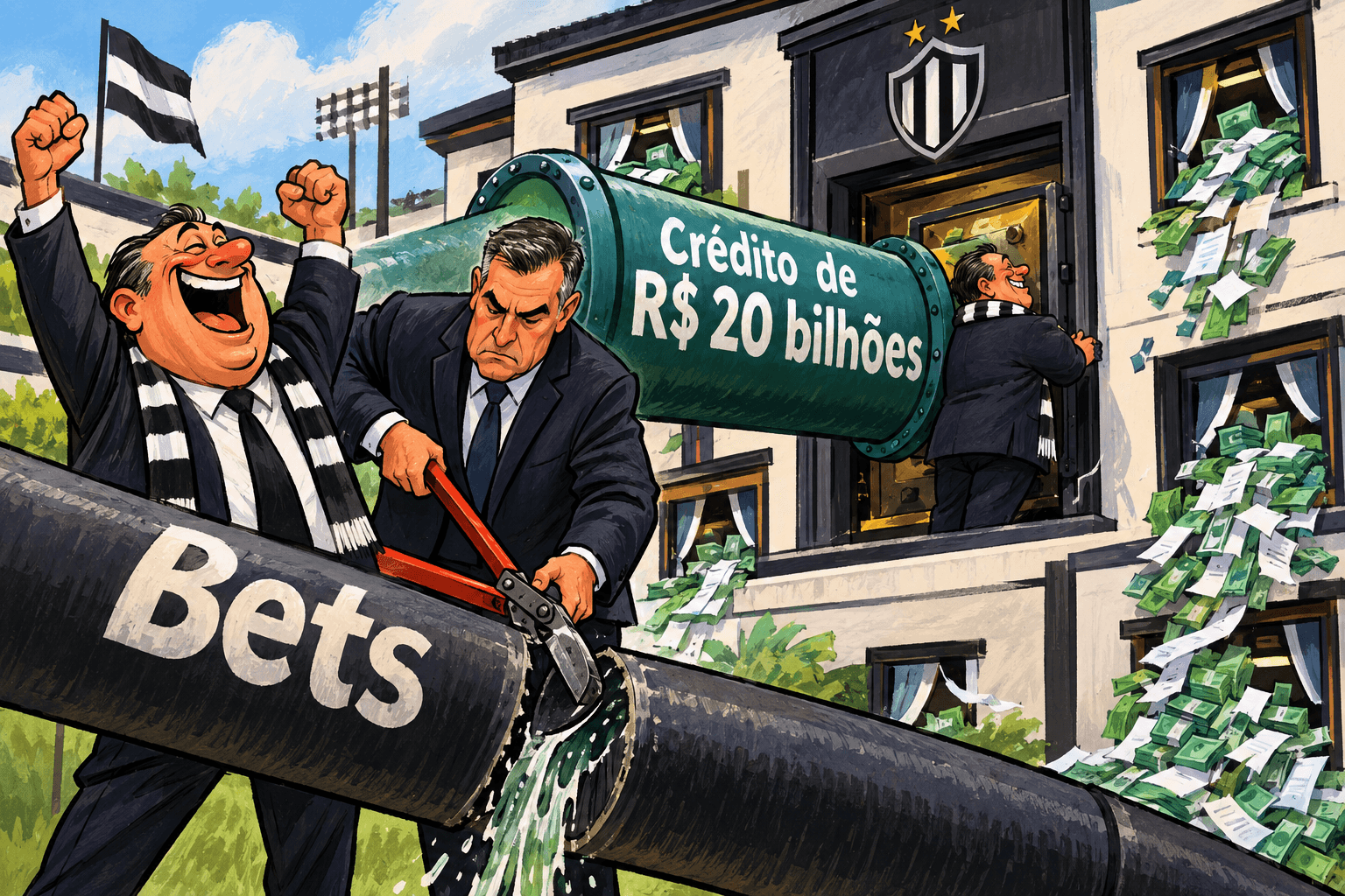 Dirigente troca um tubo escrito Bets por outro de crédito de R$ 20 bilhões, enquanto contas saem do cofre do clube.