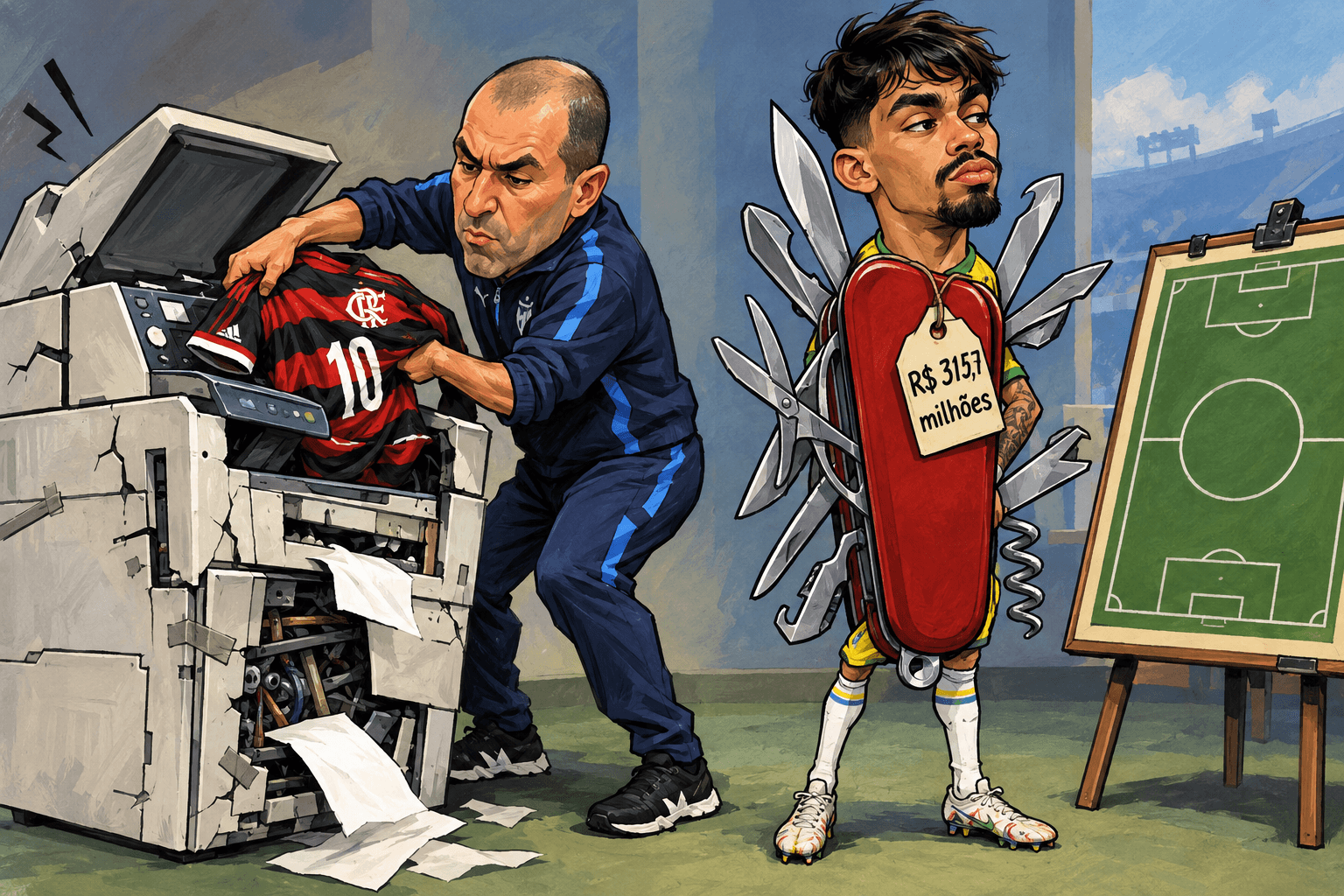 Leonardo Jardim tenta copiar uma camisa de Arrascaeta enquanto Paquetá aparece como um canivete suíço ao lado de uma prancheta.