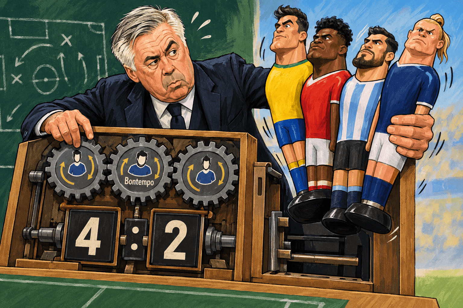 Ancelotti troca três engrenagens de meio-campo por quatro bonecos de atacantes em uma prancheta tática.
