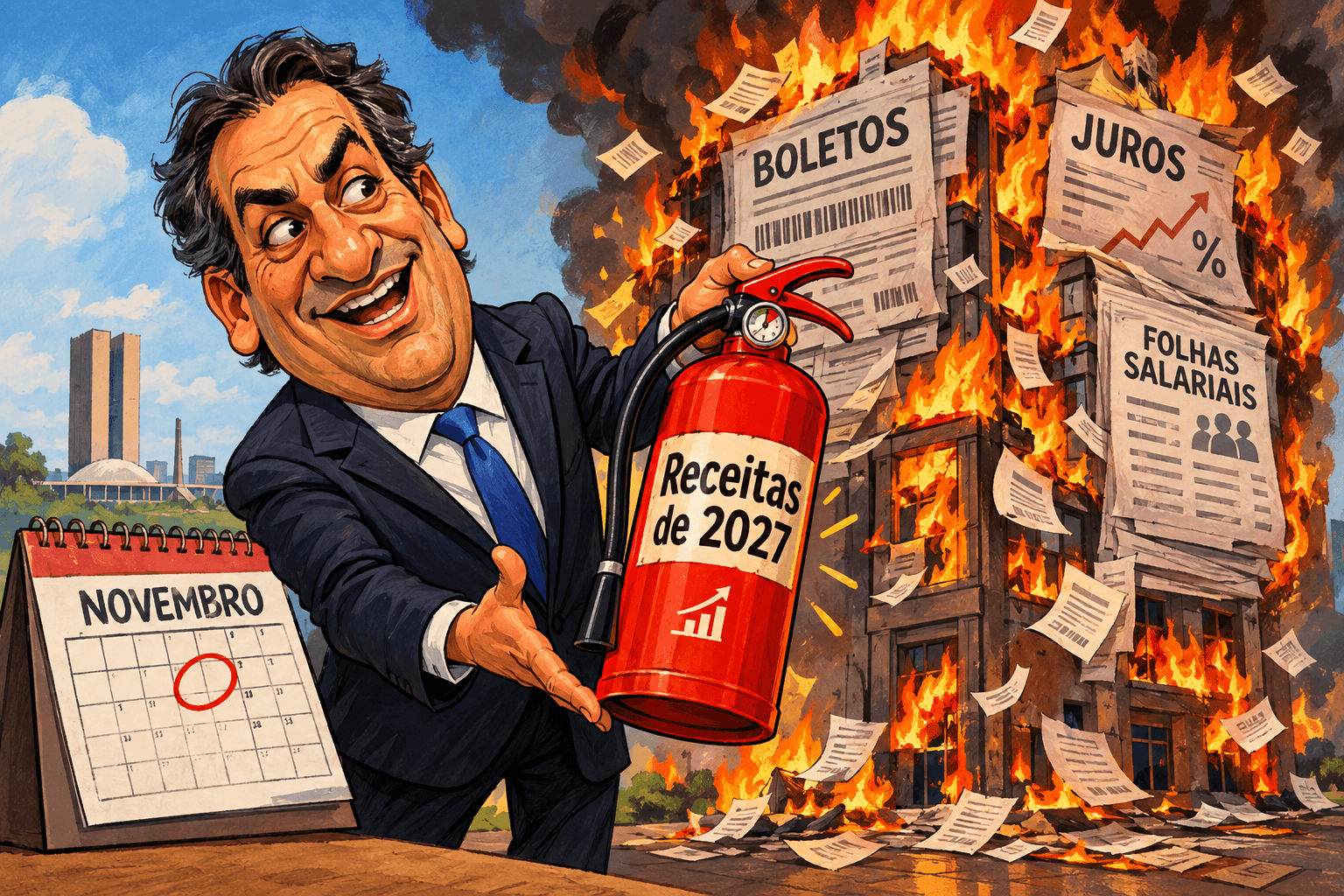 Osmar Stabile vende um extintor com a inscrição Receitas de 2027 diante de boletos em chamas.