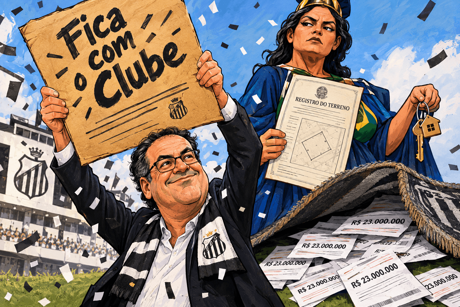 Marcelo Teixeira segura uma escritura de papelão enquanto a União exibe o registro do terreno e boletos aparecem sob um tapete.