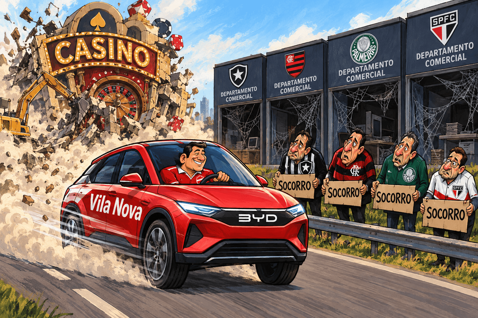 Carro com os nomes Vila Nova e BYD passa por dirigentes com cartazes de socorro diante de um cassino em demolição.