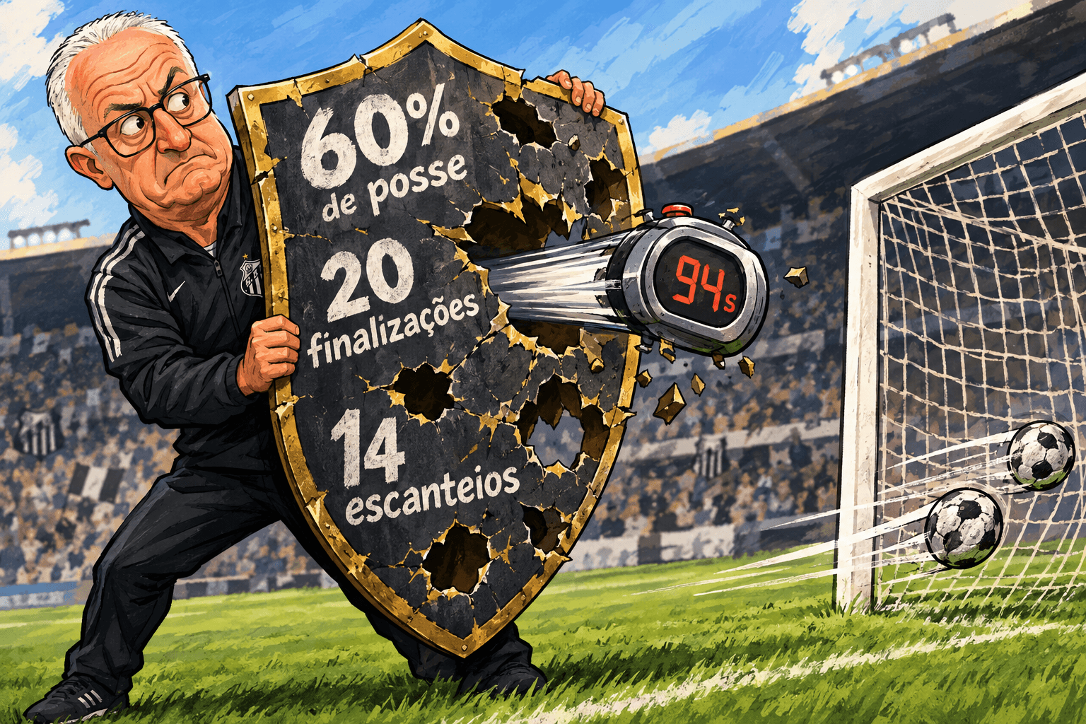 Dorival segura um escudo com estatísticas enquanto um cronômetro de 94 segundos e duas bolas passam pelos buracos.