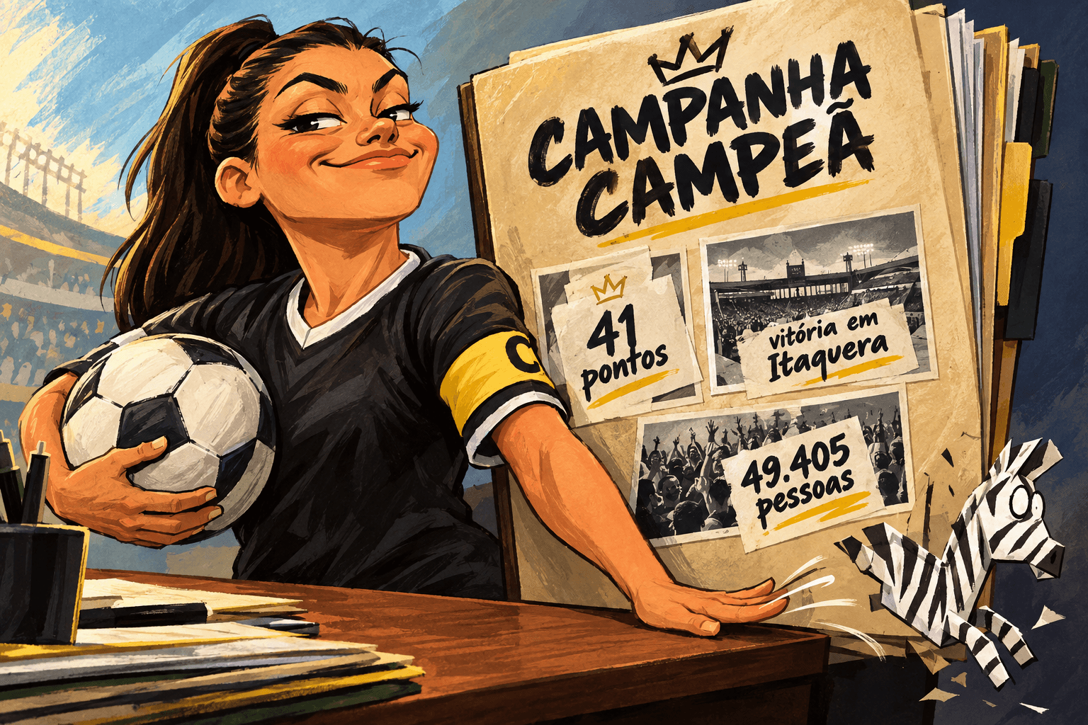 Carlinha segura uma bola diante de um dossiê com números da campanha do São Paulo e uma zebra de papel ao lado.