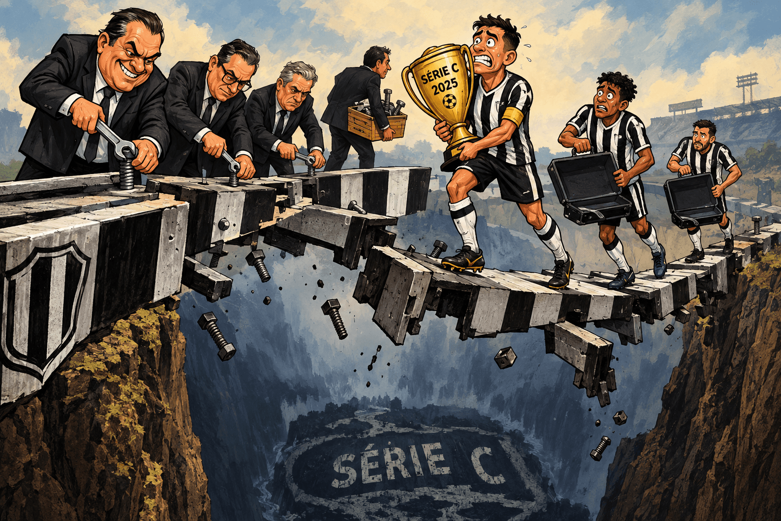 Dirigentes desmontam uma ponte alvinegra enquanto jogadores carregam a taça da Série C de 2025.