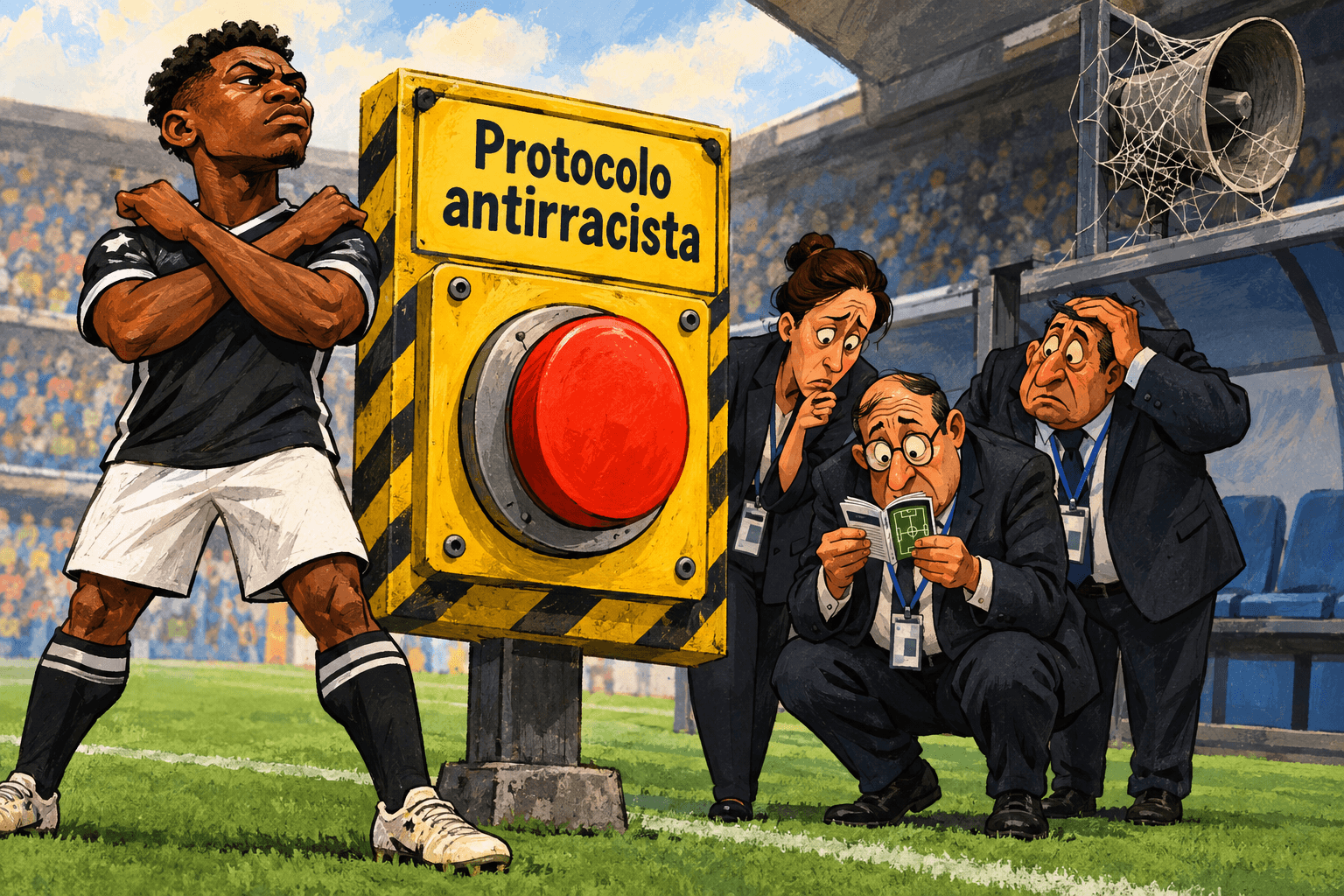 Jogador faz um X com os braços diante de um botão de protocolo, enquanto dirigentes leem uma súmula e um alto-falante está coberto por teia.