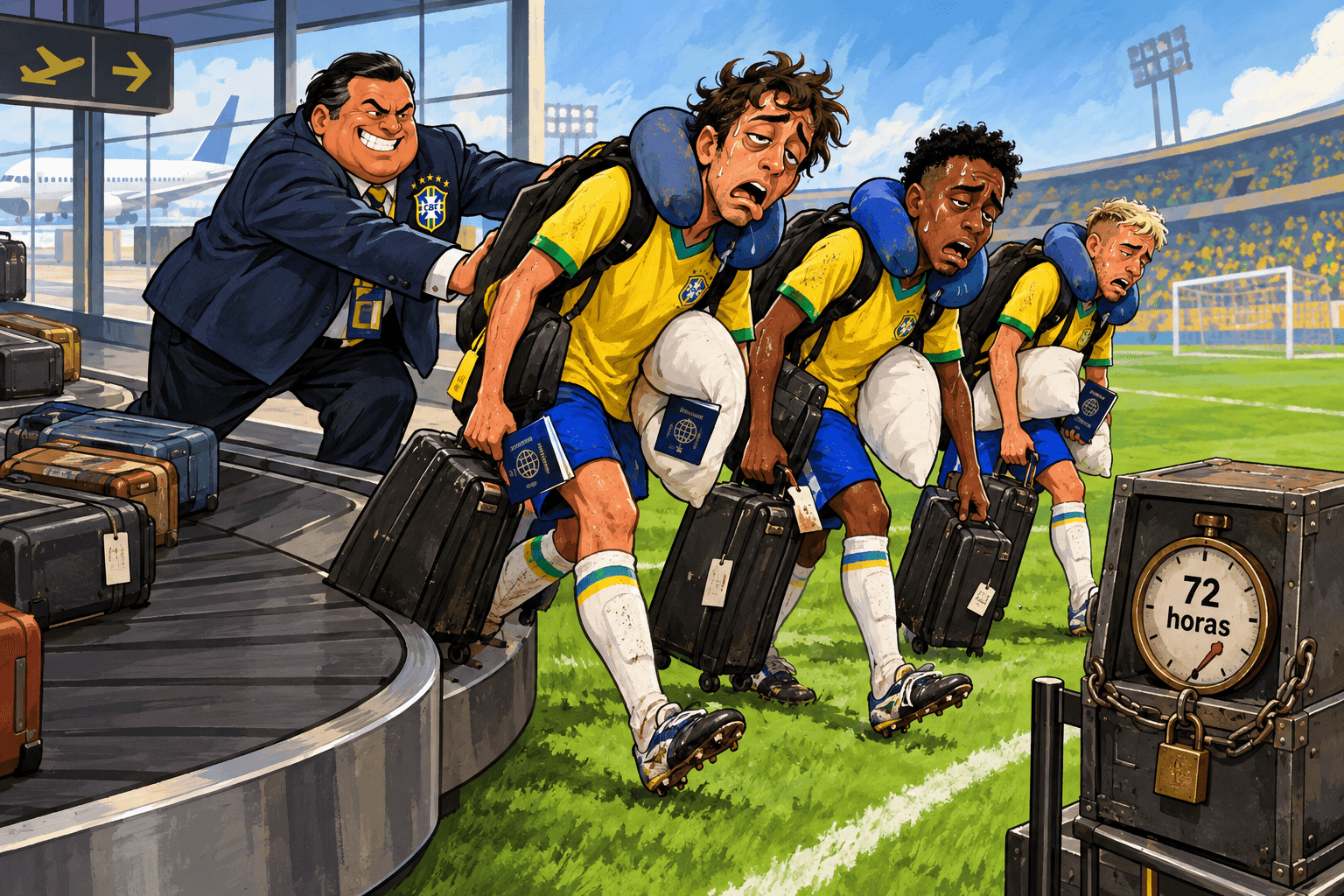 Funcionário da CBF empurra jogadores com malas de uma esteira de aeroporto para um campo, ao lado de um cronômetro trancado.