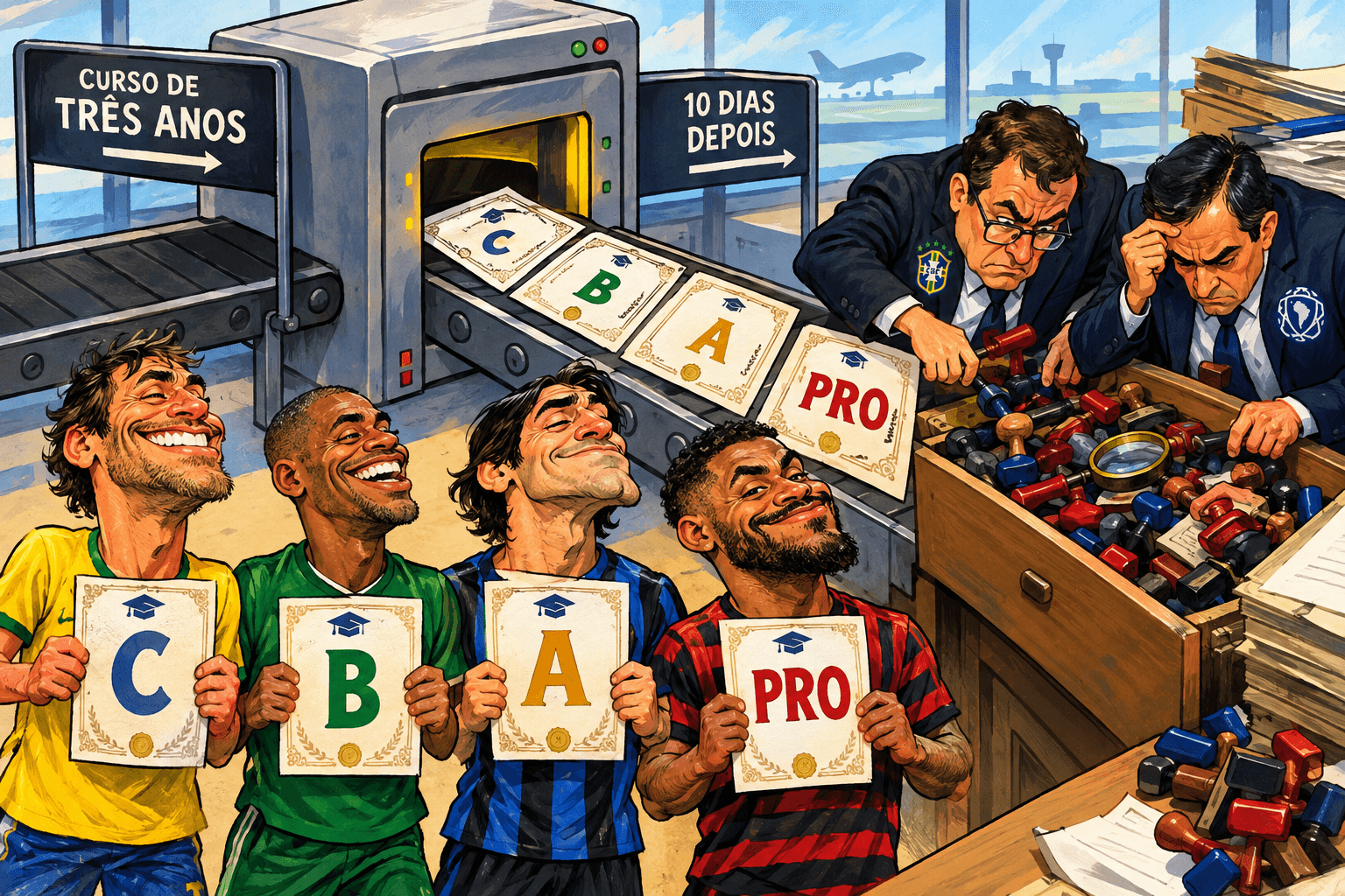 Ex-jogadores recebem quatro diplomas de uma máquina enquanto fiscais procuram uma lupa entre carimbos.