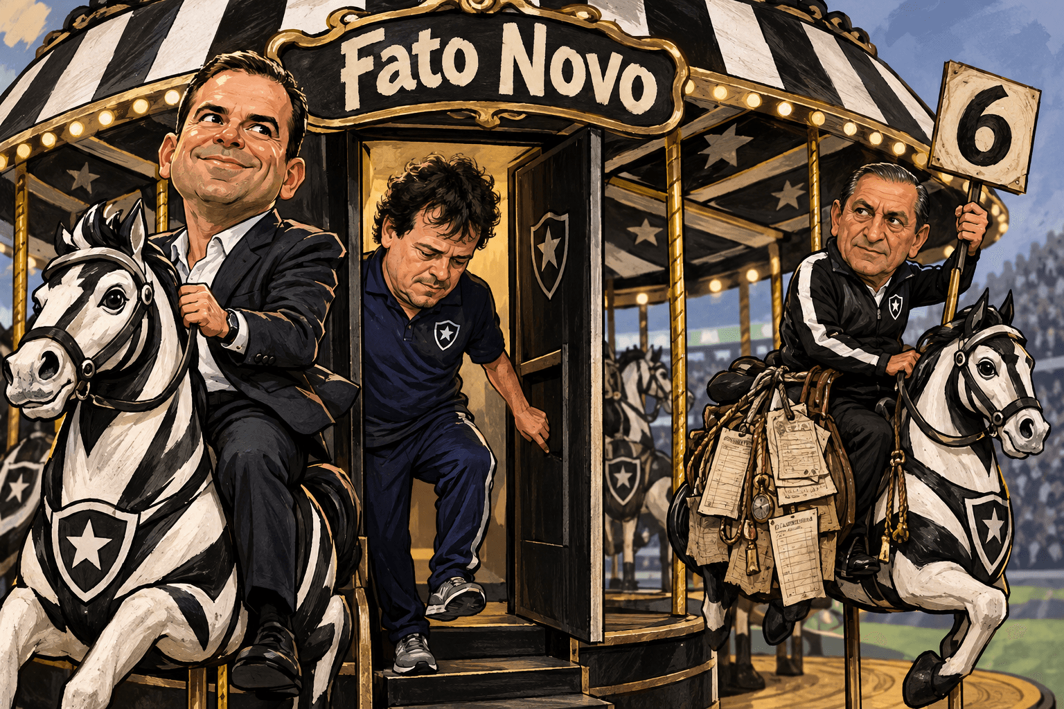 Marcelo Paz conduz um carrossel com Fernando Diniz saindo e Ramón Díaz retornando com uma placa de seis jogos.