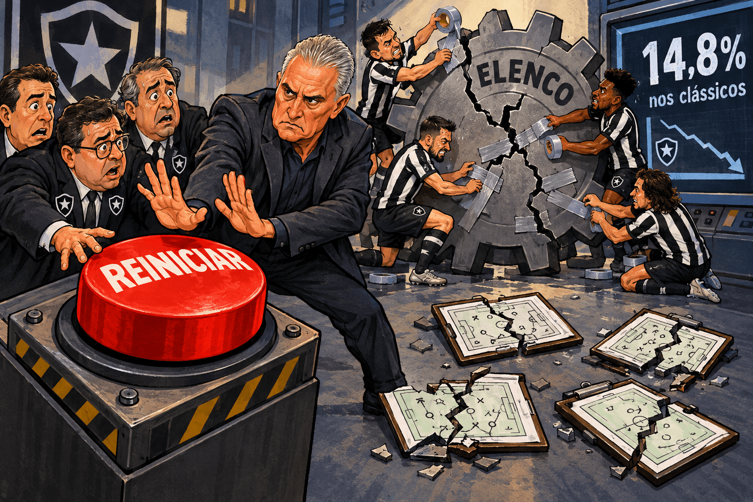 Tite diante de um botão de reinício, com pranchetas quebradas, um painel de 14,8% e jogadores consertando uma engrenagem.