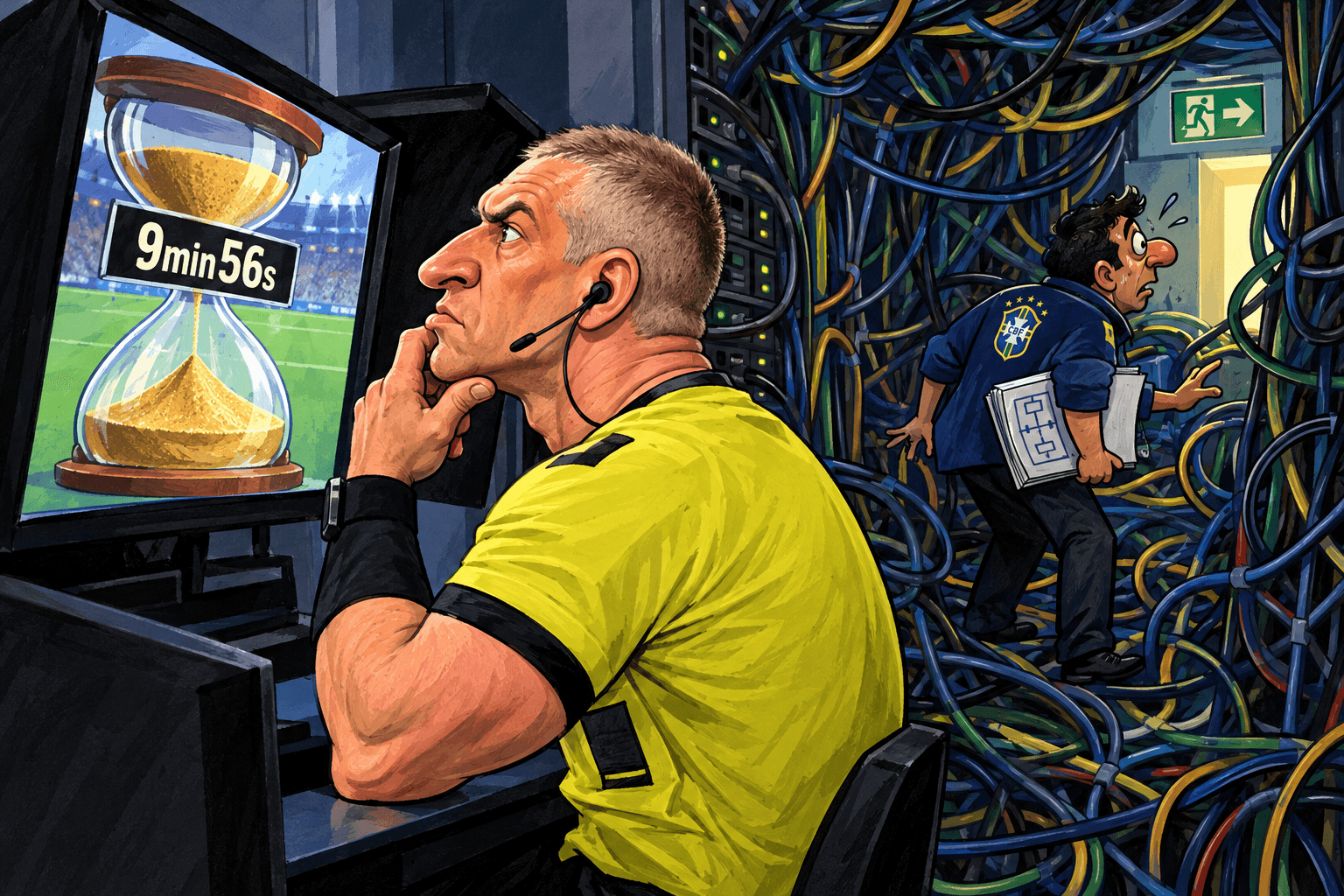 Anderson Daronco observa um monitor do VAR ao lado de uma ampulheta, enquanto um funcionário da CBF está preso em um labirinto de fios.