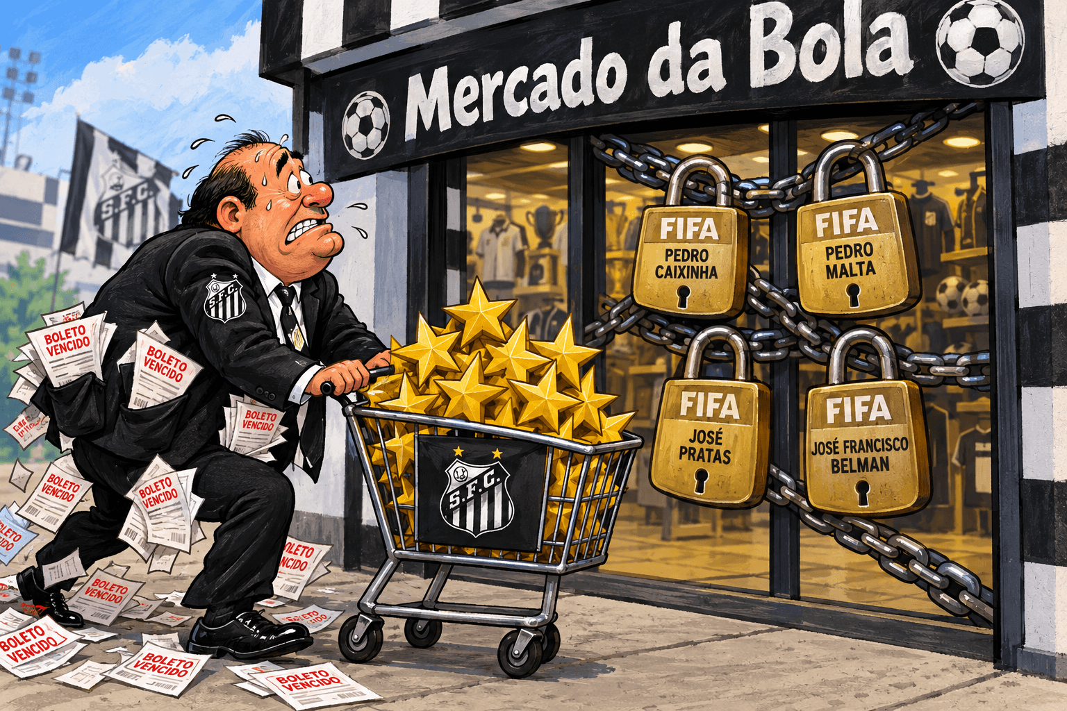 Dirigente do Santos diante de quatro cadeados da Fifa enquanto carrega um carrinho com estrelas e boletos.