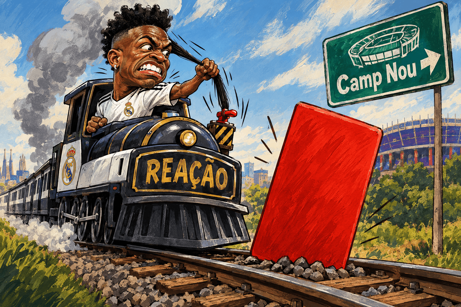 Vini Jr. puxa um freio de trem feito de cabelo enquanto um cartão vermelho bloqueia o caminho para o Camp Nou.