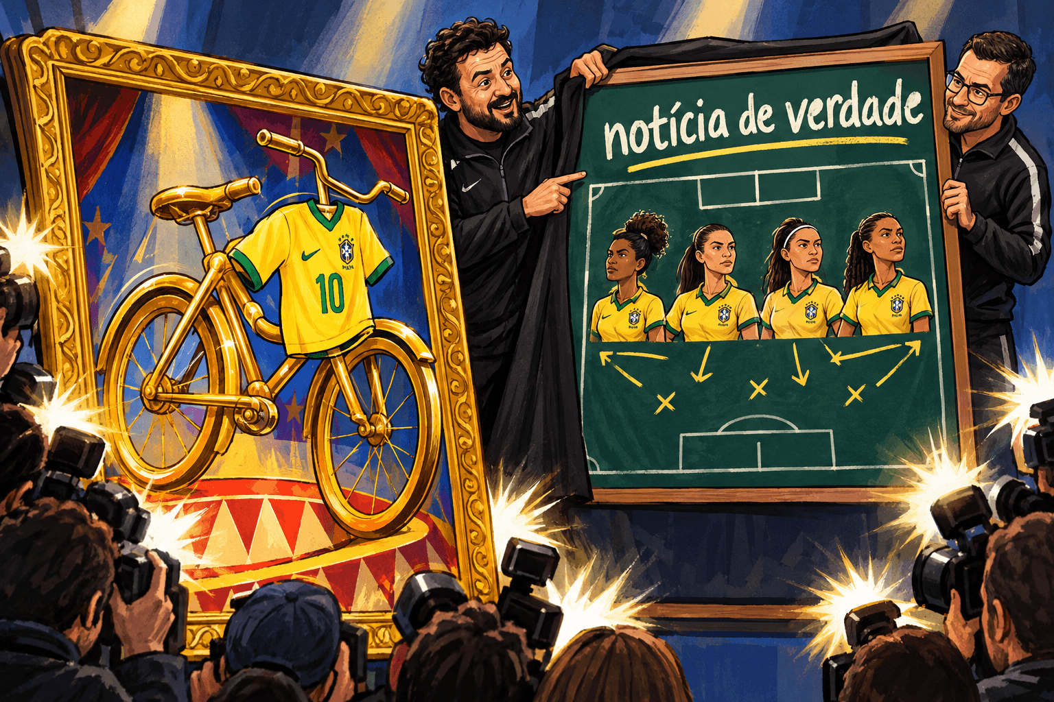 Bicicleta dourada em um porta-retrato diante de um quadro tático com quatro defensoras alinhadas.
