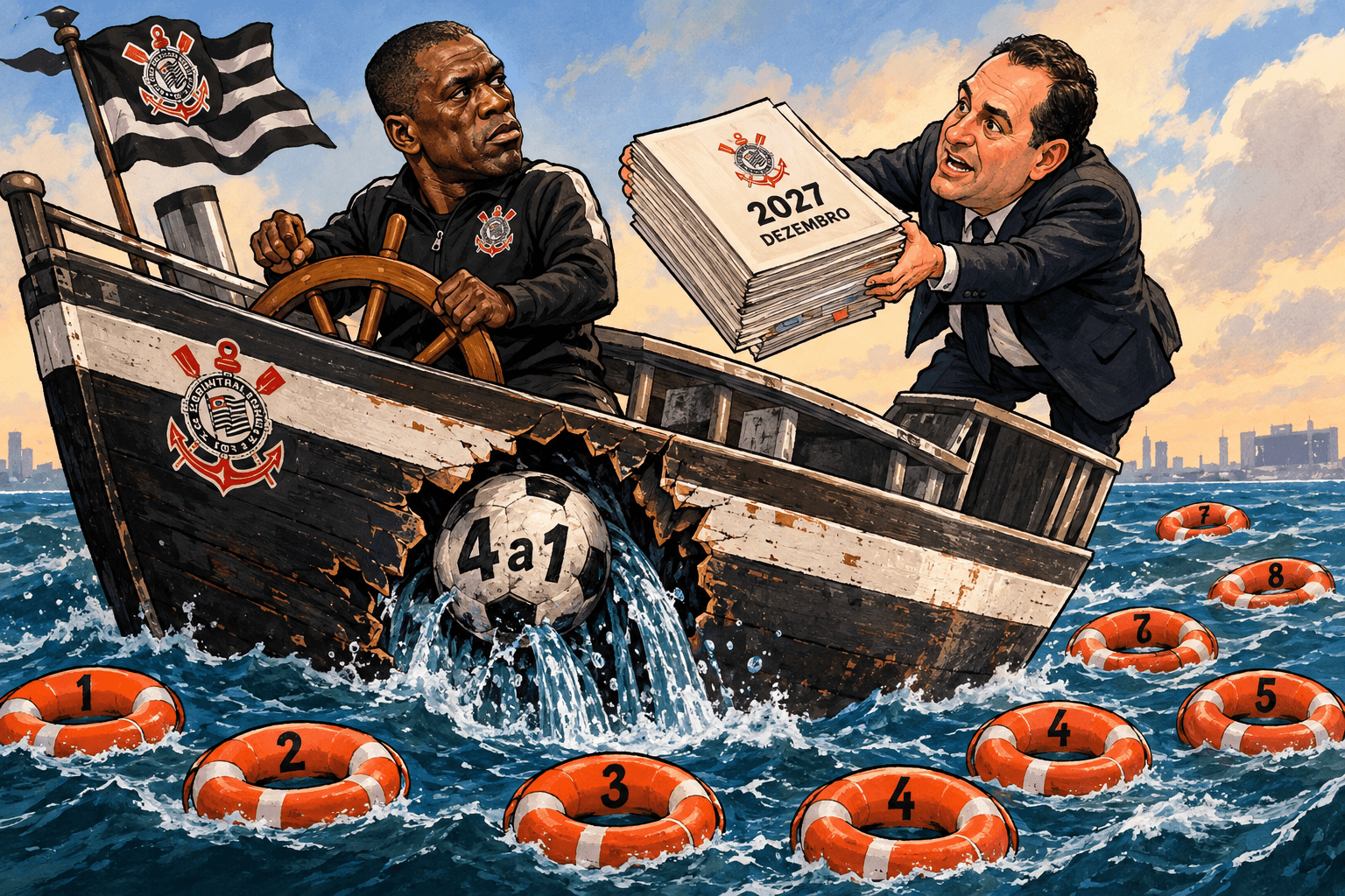 Seedorf conduz um barco do Corinthians furado por uma bola com o placar de 4 a 1, enquanto Marcelo Paz segura um contrato até 2027.