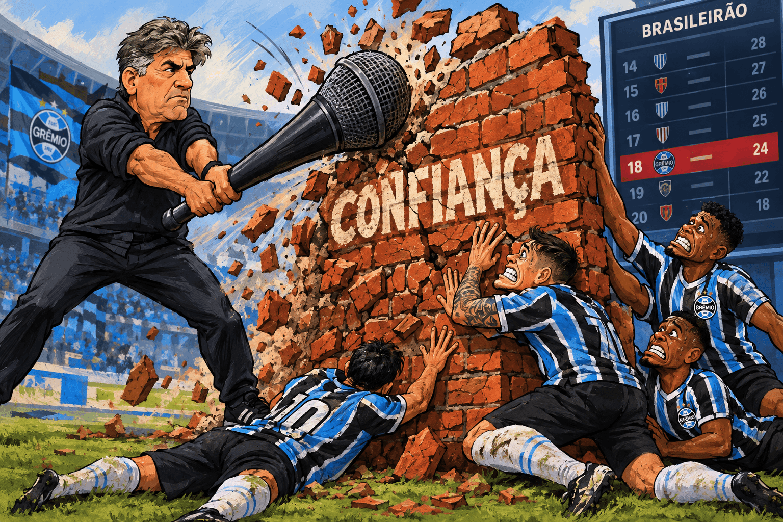 Renato quebra com um microfone uma parede escrita confiança, enquanto jogadores do Grêmio tentam segurá-la.