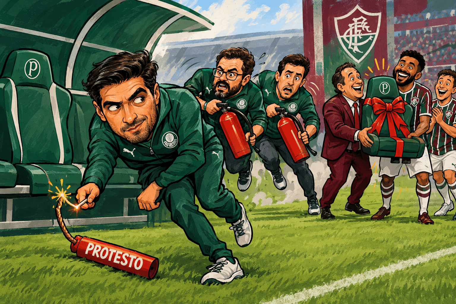 Abel acende um pavio ligado ao banco vazio do Palmeiras, enquanto seus auxiliares carregam extintores.