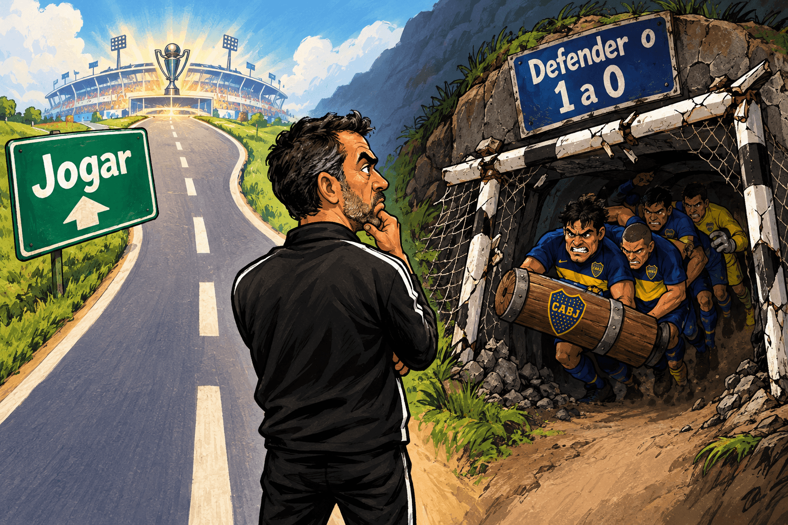 Pedro Emanuel escolhe entre uma estrada marcada Jogar e um bunker marcado Defender o 1 a 0.