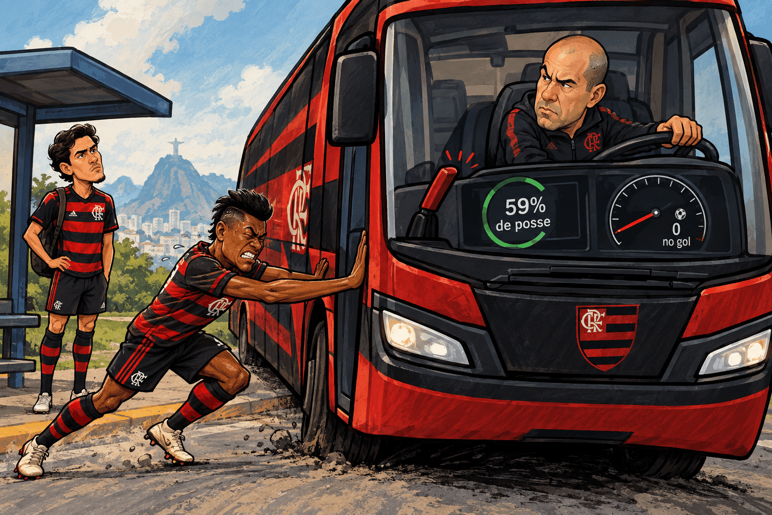Leonardo Jardim dirige um ônibus do Flamengo com o freio de mão puxado, enquanto Pedro espera do lado de fora.