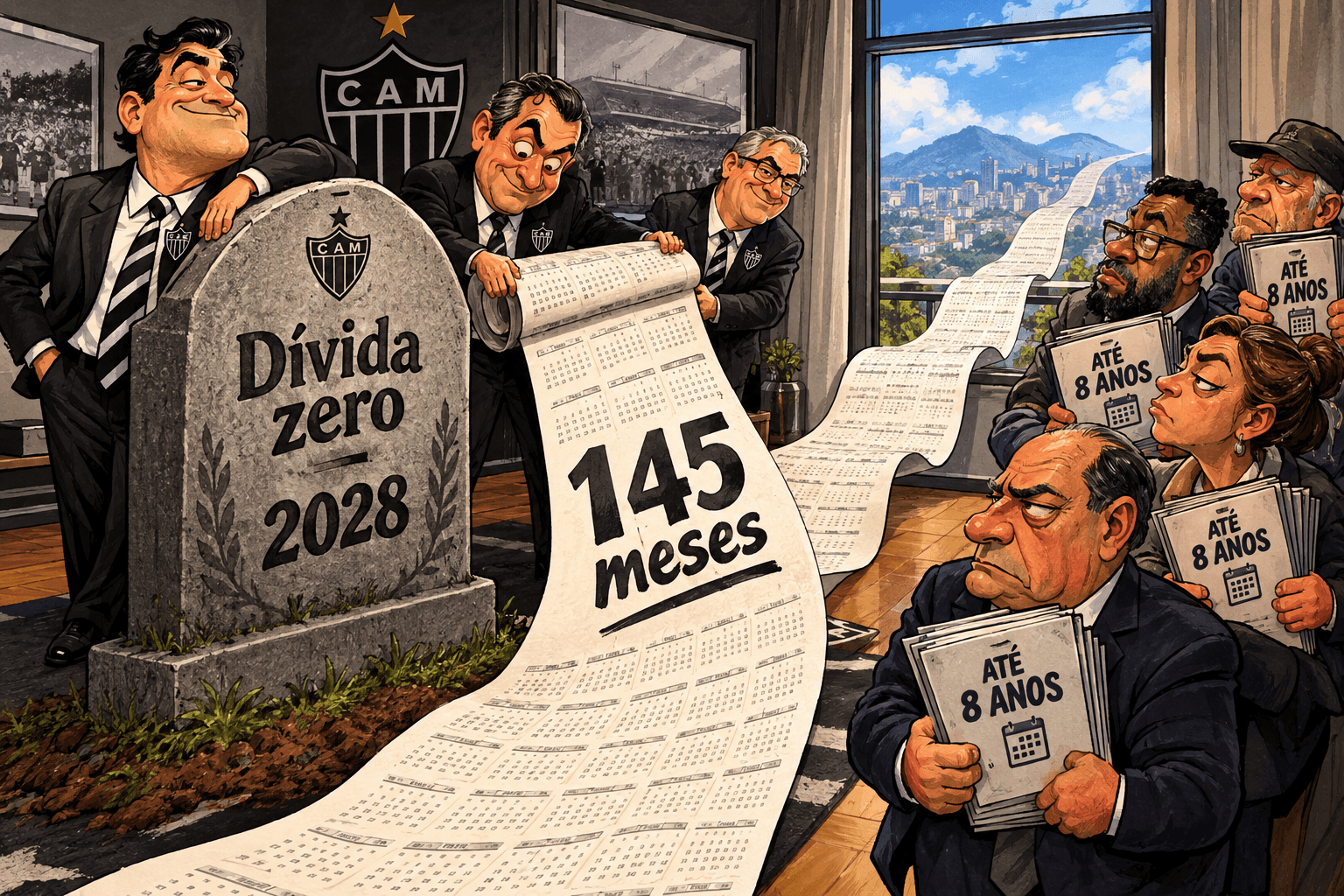 Dirigentes diante de uma lápide escrita Dívida zero 2028 e de um calendário de 145 meses, com credores segurando carnês.