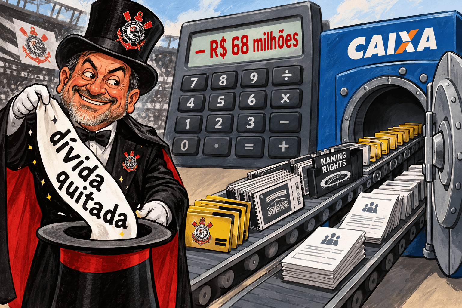 Cartola faz truque com faixa de dívida quitada enquanto receitas do Corinthians seguem para um cofre e uma calculadora mostra R$ 68 milhões negativos.