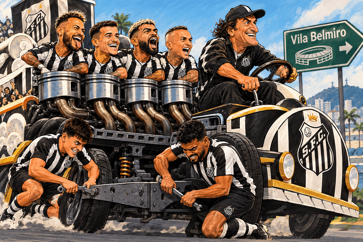 Cuca dirige um carro do Santos movido por Neymar, Coutinho, Gabigol e Cebolinha, com Bontempo e Gustavo Henrique ajustando o chassi.
