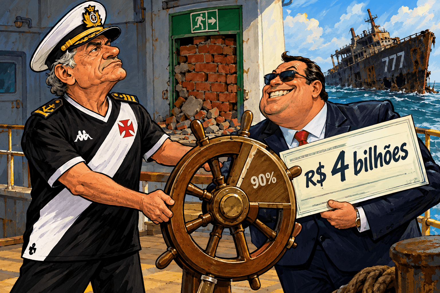 Almirante vascaíno entrega parte do leme a empresário diante de uma saída emparedada e de um navio marcado 777.