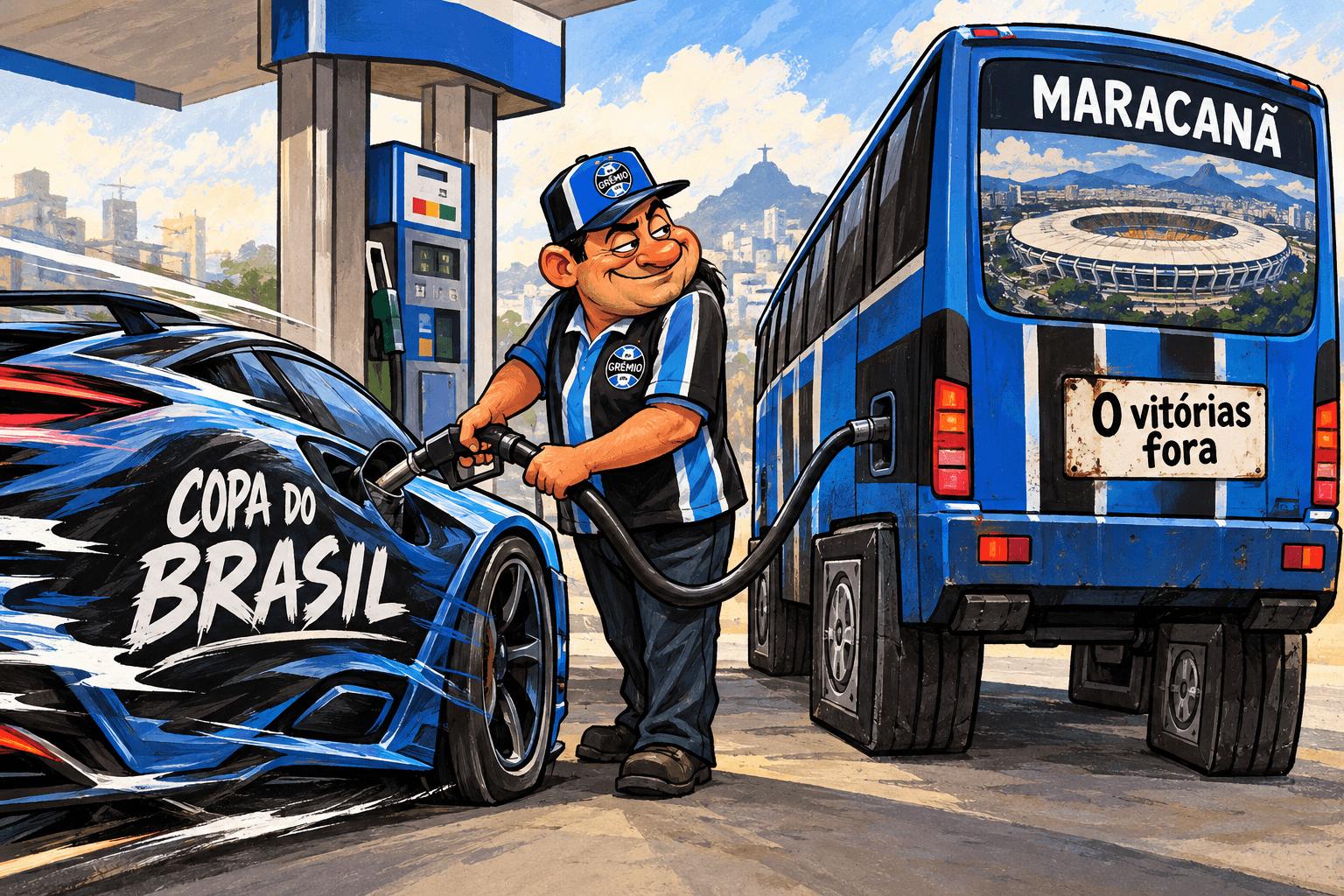 Dirigente retira combustível de um carro da Copa do Brasil para abastecer um ônibus com rodas quadradas rumo ao Maracanã.
