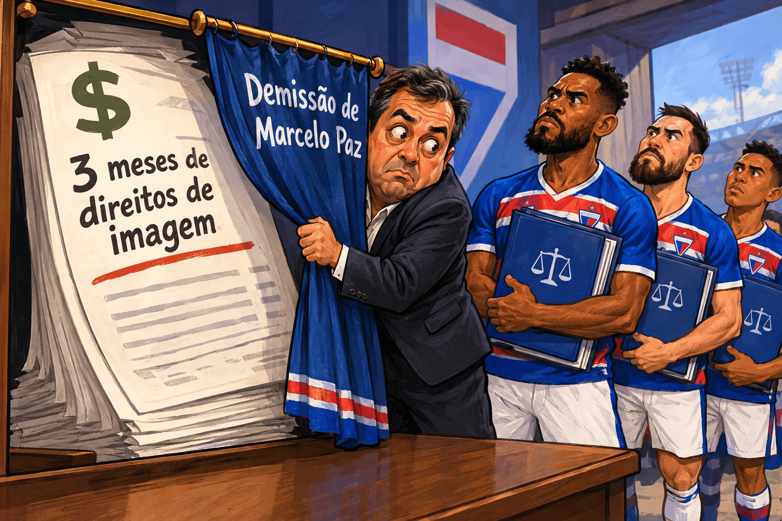 Osmar Stabile esconde uma conta de direitos de imagem atrás de uma cortina, diante de jogadores com pastas judiciais.