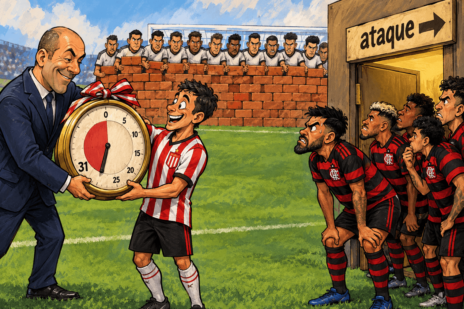 Leonardo Jardim entrega um relógio gigante ao Estudiantes enquanto jogadores do Flamengo aguardam diante de uma porta fechada.