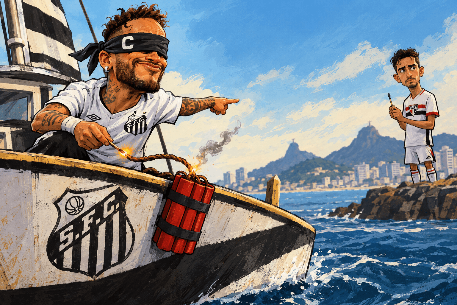 Neymar acende uma dinamite no barco do Santos enquanto aponta para Rodrigo Nestor.