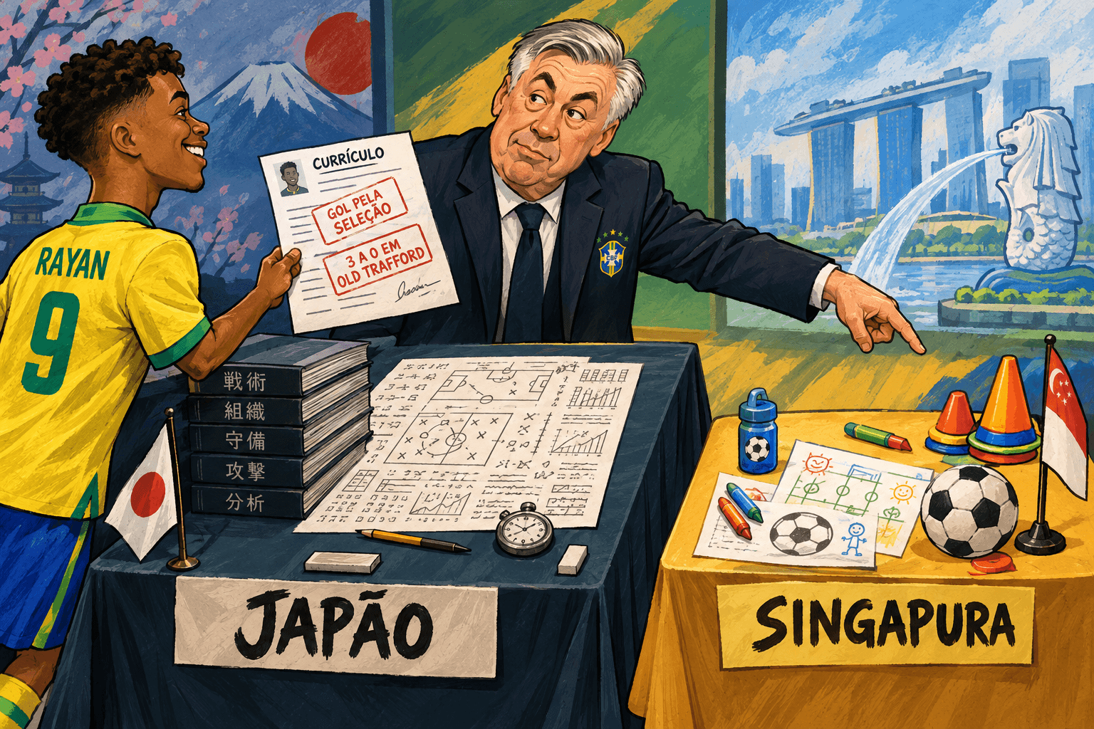 Ancelotti aponta para uma prova marcada Singapura enquanto Rayan segura um currículo diante da mesa marcada Japão.
