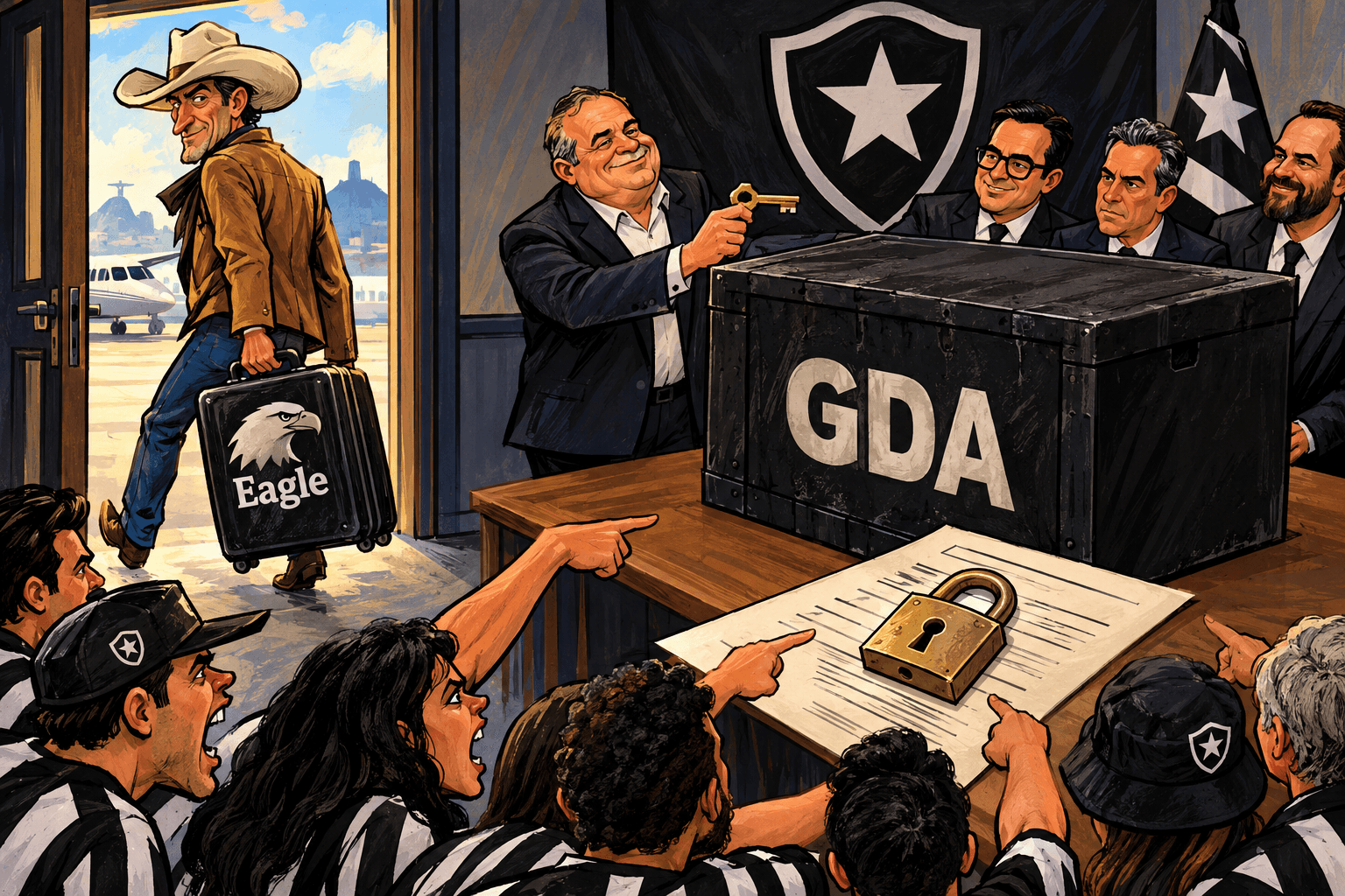 Cowboy da Eagle deixa o local enquanto dirigentes entregam a chave da SAF a uma caixa-preta da GDA diante de torcedores.