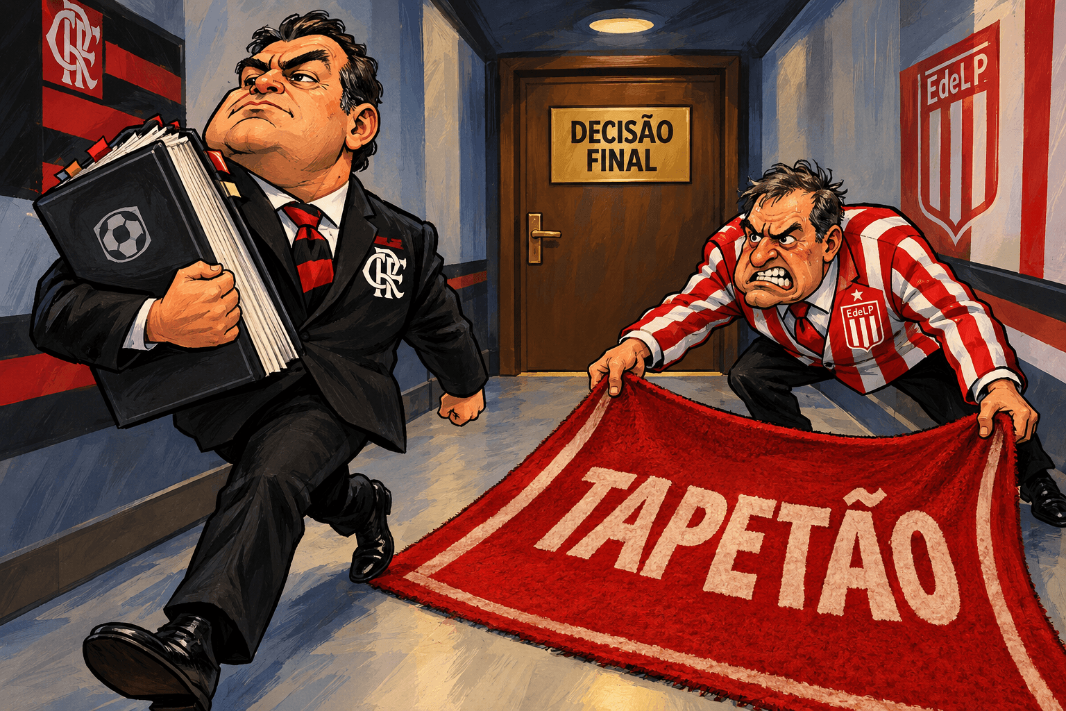 Dirigente do Flamengo carrega um regulamento enquanto um dirigente do Estudiantes estende um tapete escrito tapetão.