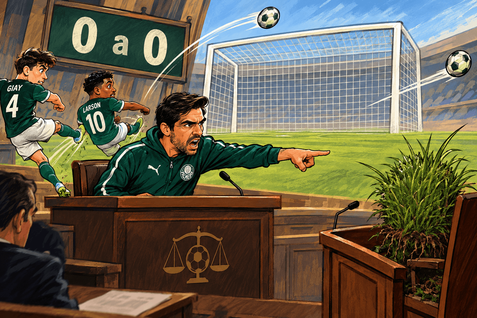 Abel Ferreira acusa um tufo de grama em um tribunal enquanto duas bolas passam longe de um gol vazio.