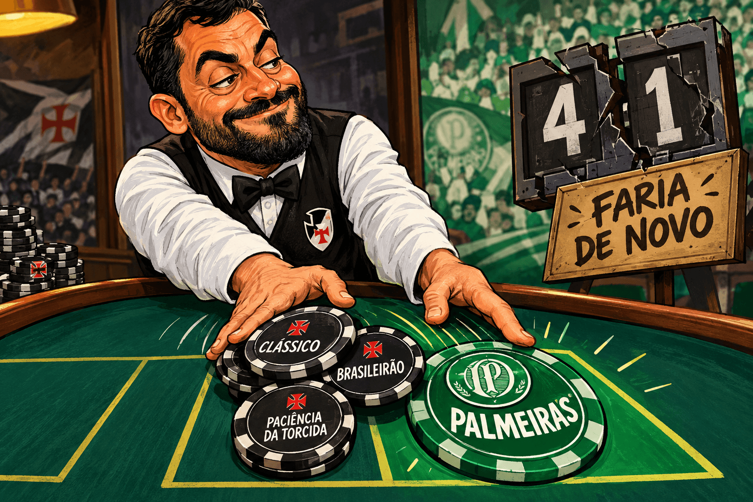 Pedro Emanuel empurra fichas do Vasco para uma casa de aposta com o nome do Palmeiras, ao lado de um placar de 4 a 1.