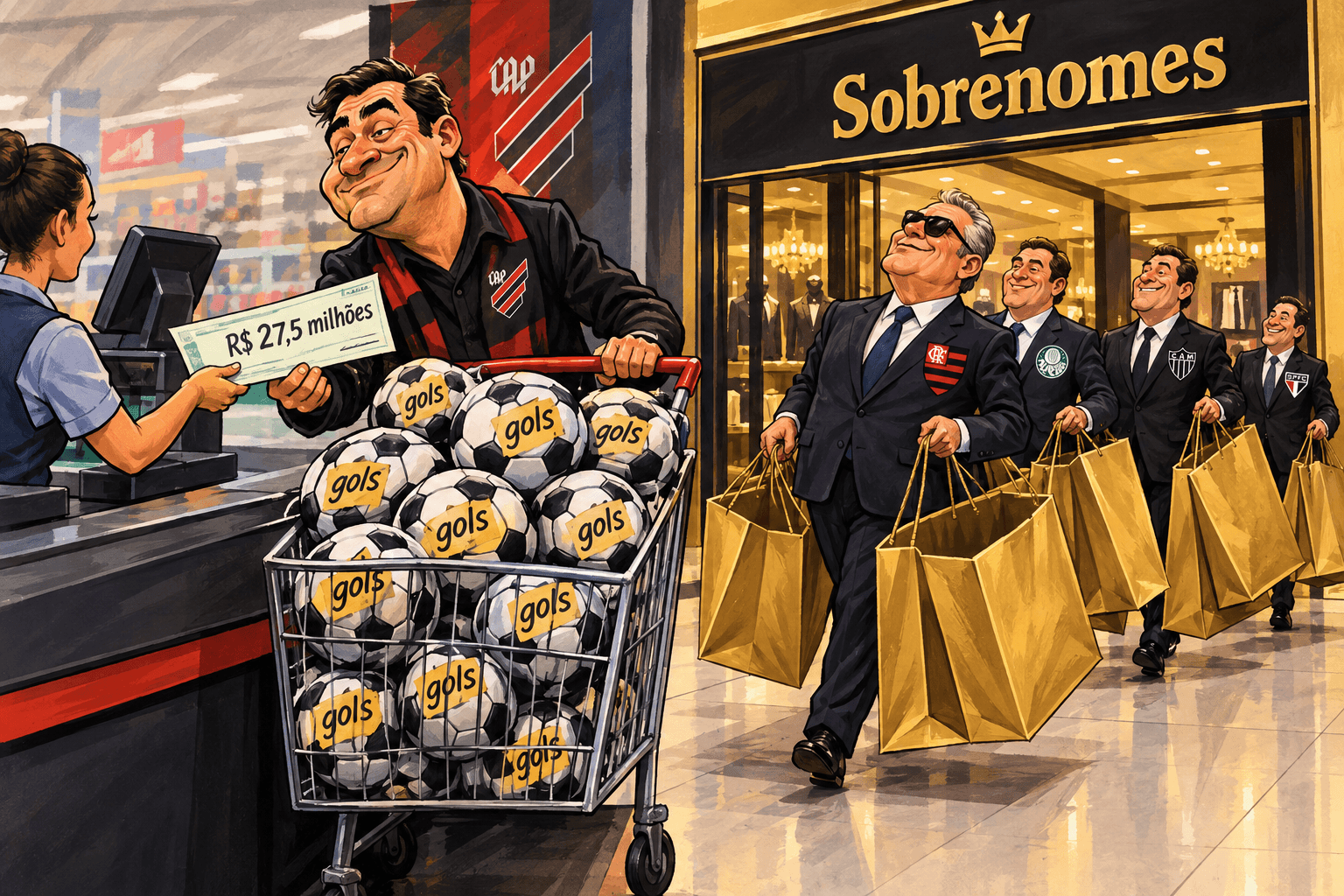 Dirigente do Athletico compra um carrinho cheio de bolas enquanto outros dirigentes carregam sacolas vazias de uma boutique.