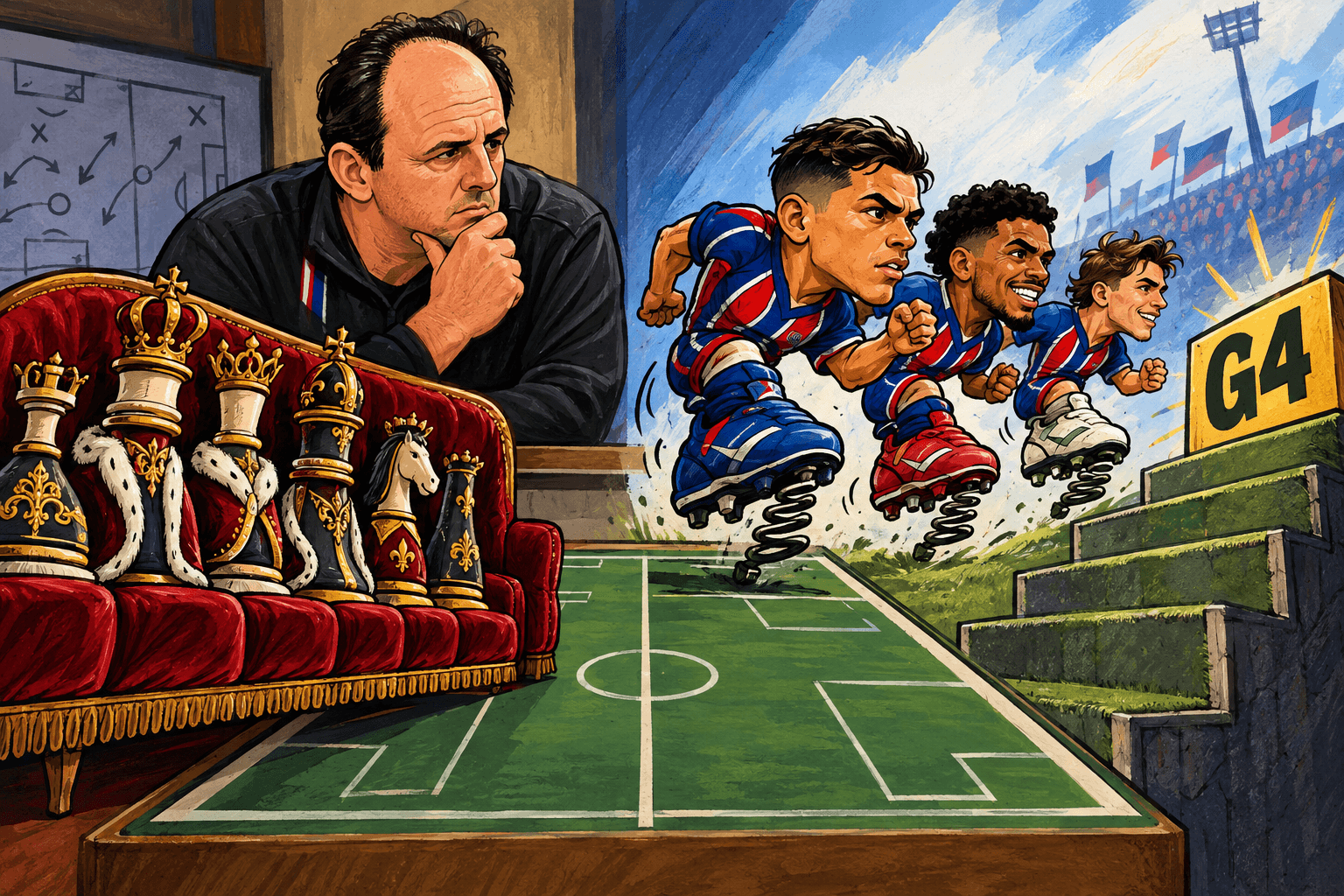 Ceni organiza um tabuleiro com jogadores no banco e Kike, Pulga e Véliz subindo uma escada até o G4.