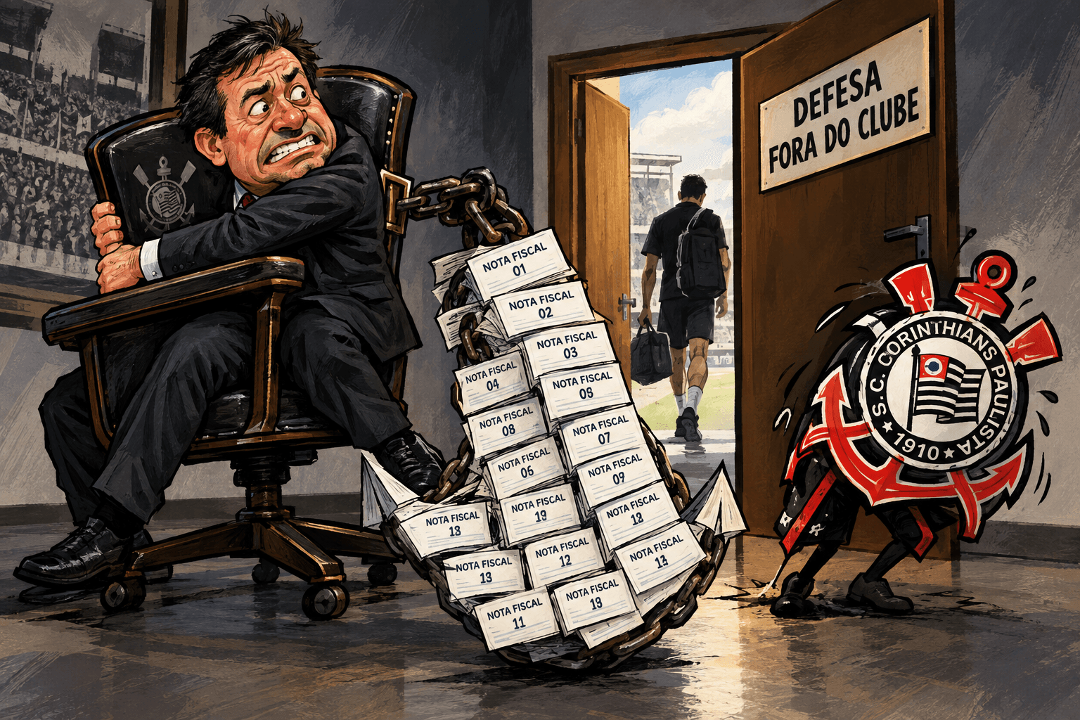 Osmar Stabile segura uma cadeira presa a 15 notas fiscais, ao lado do escudo do Corinthians e de uma porta aberta.
