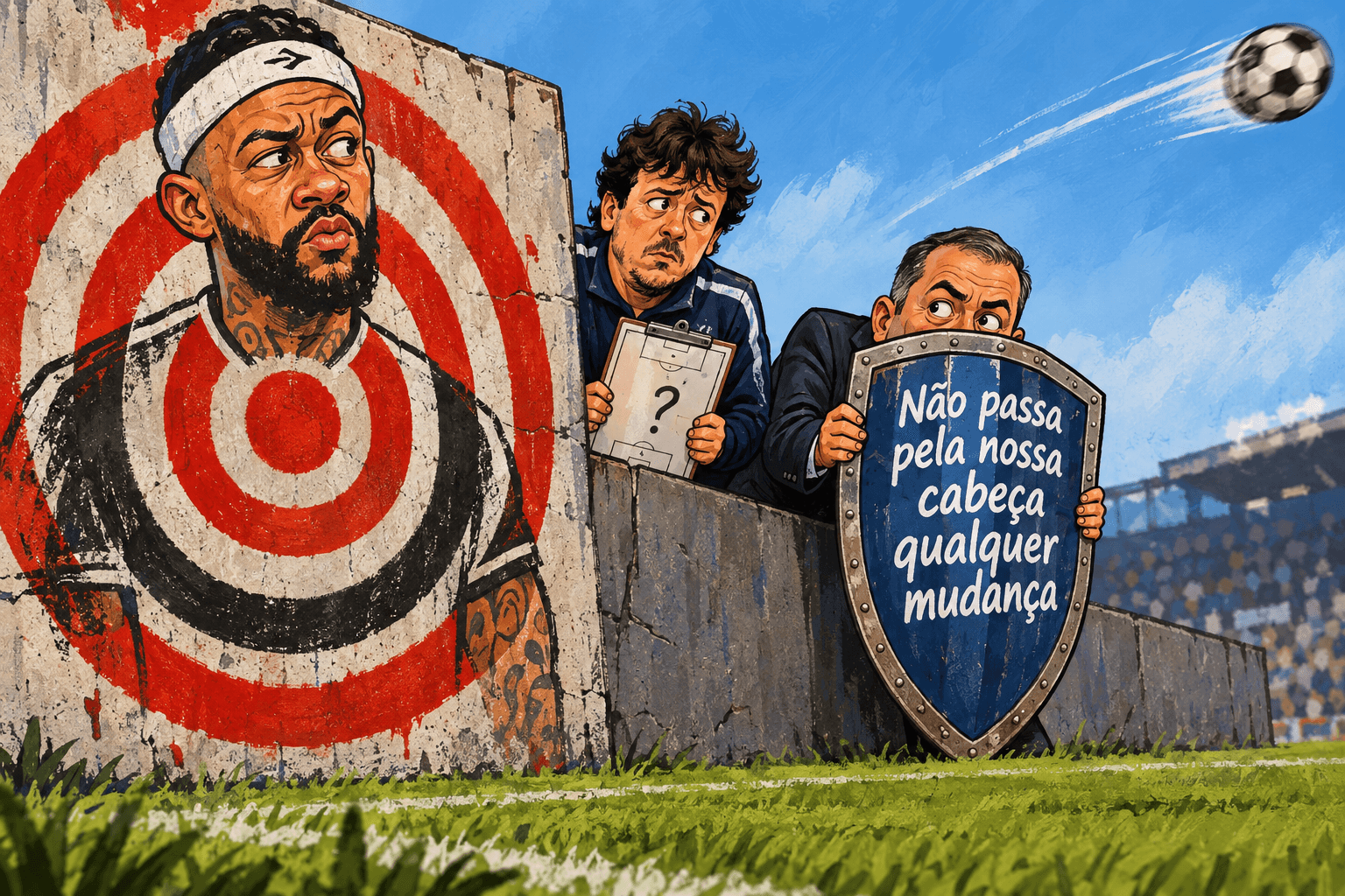 Memphis diante de um muro em forma de alvo, com Diniz e Marcelo Paz escondidos atrás dele.
